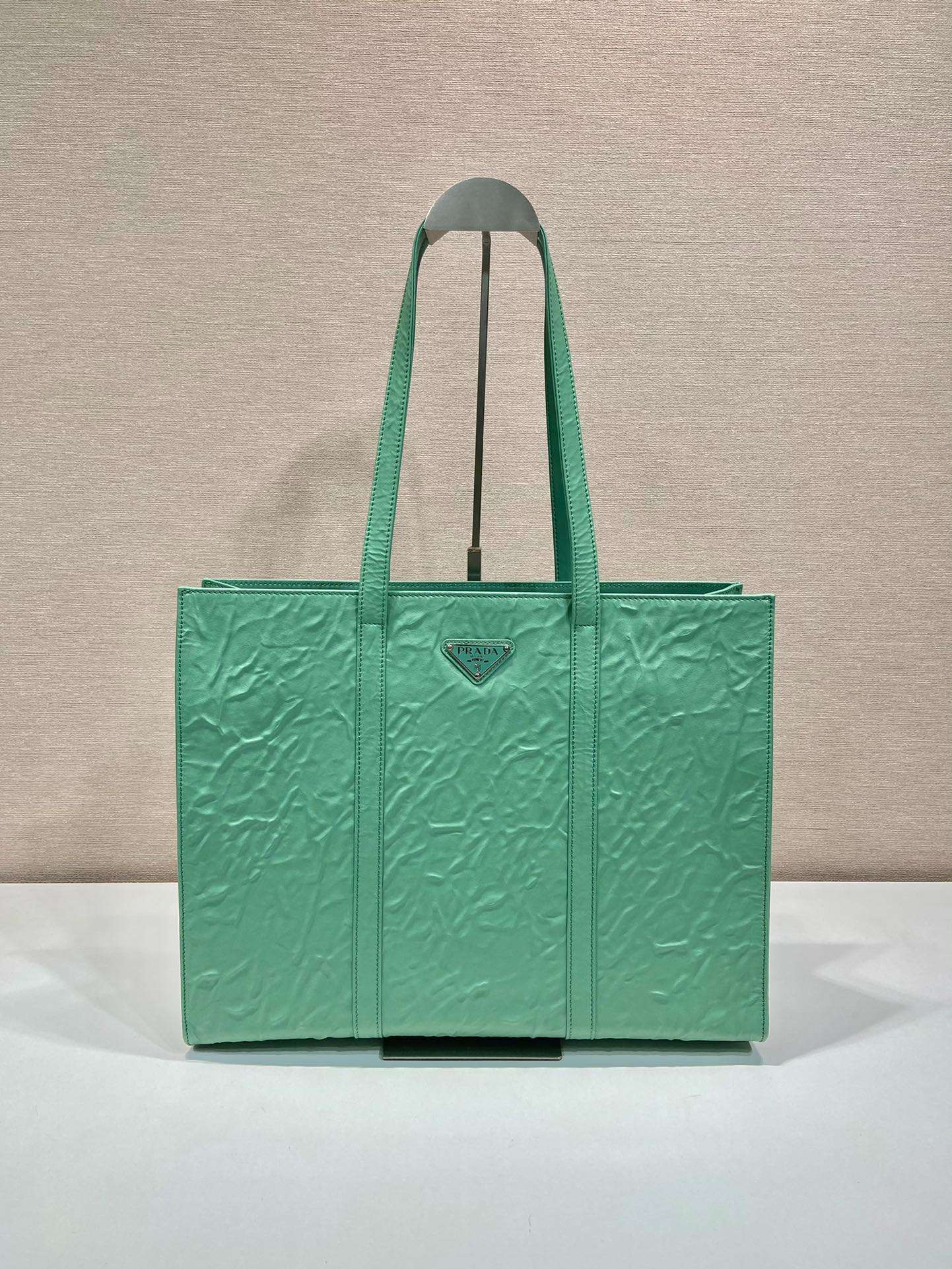 Prada Large Antique Nappa Tote Grey/Green For Women 15.3in/39cm 1BG460_UVL_F0480_V_OOO