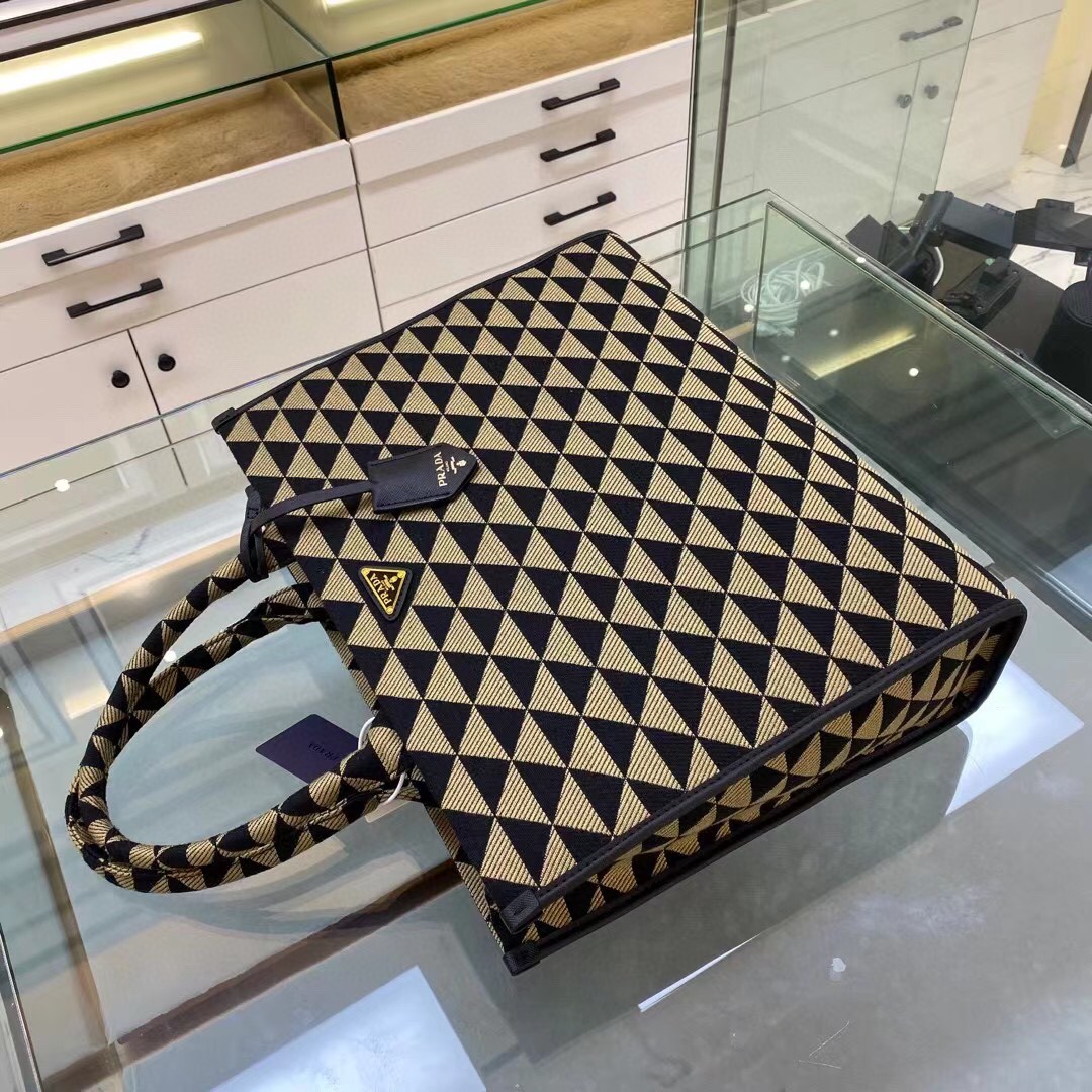 Prada Large Symbole Jacquard Fabric Handbag Black/Beige For Women, Women’s Bags 15.3in/39cm 1BA356_2FKL_F0Y30_V_OOO