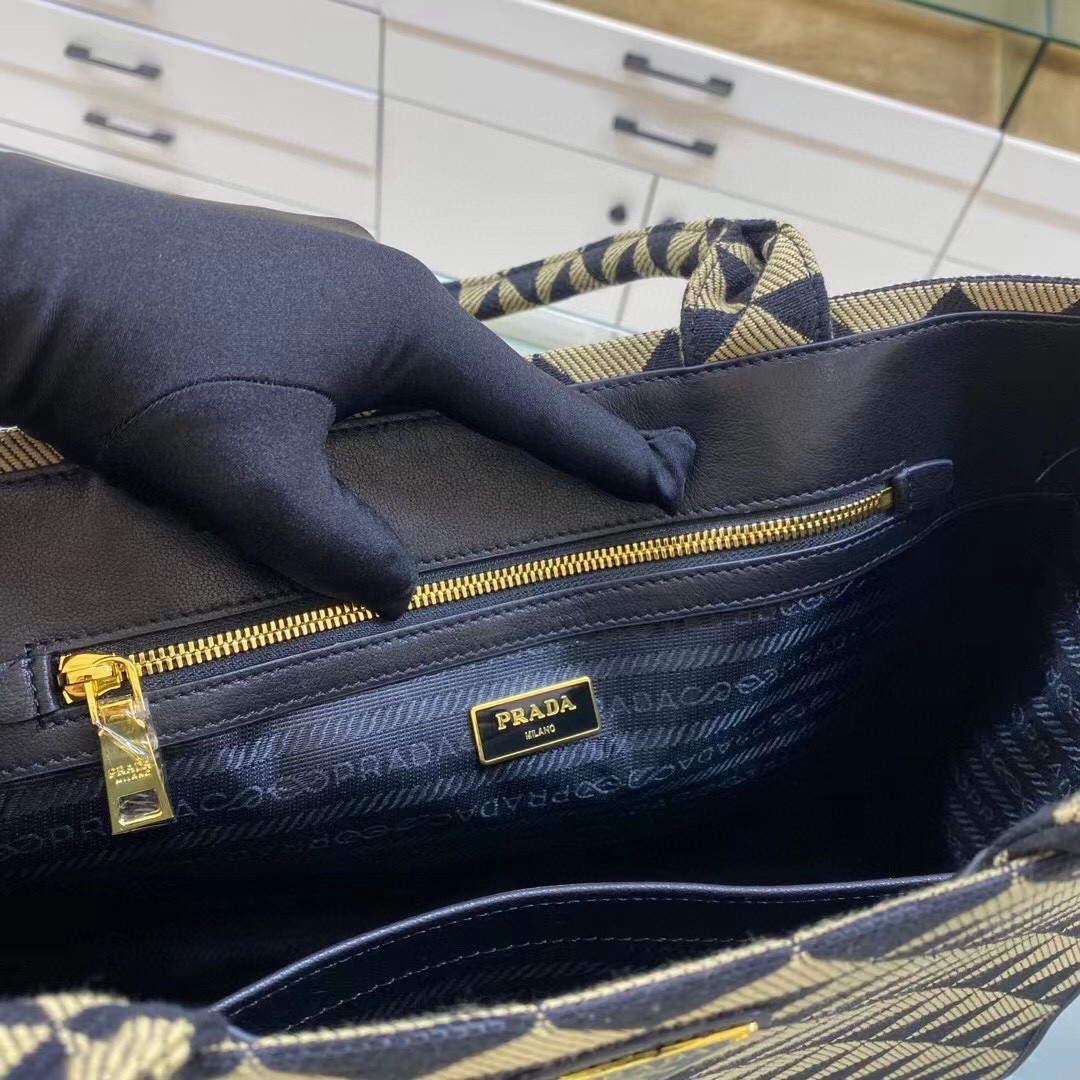 Prada Large Symbole Jacquard Fabric Handbag Black/Beige For Women, Women’s Bags 15.3in/39cm 1BA356_2FKL_F0Y30_V_OOO