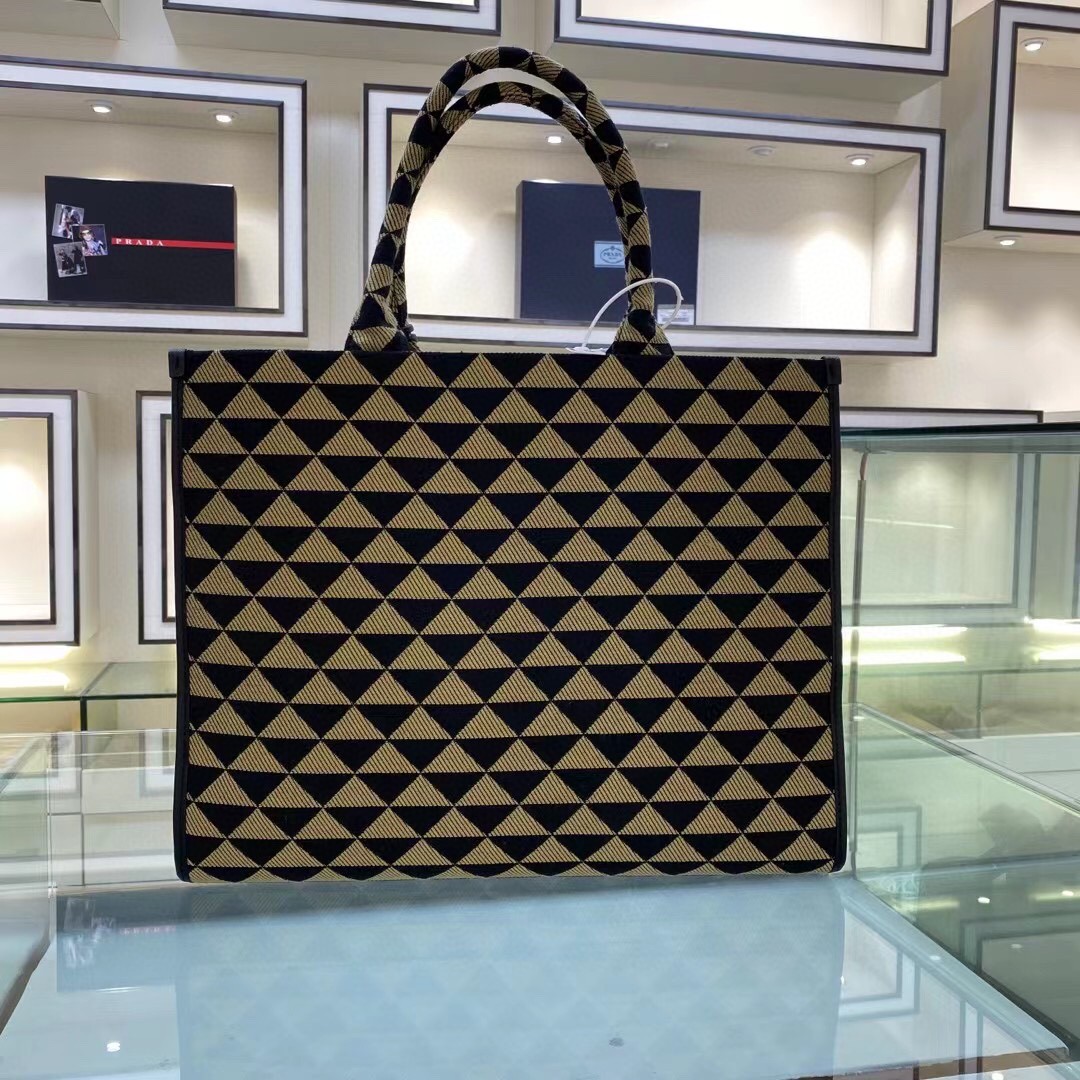 Prada Large Symbole Jacquard Fabric Handbag Black/Beige For Women, Women’s Bags 15.3in/39cm 1BA356_2FKL_F0Y30_V_OOO