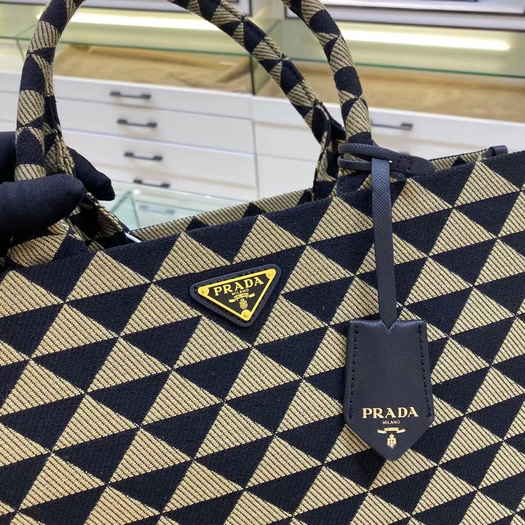 Prada Large Symbole Jacquard Fabric Handbag Black/Beige For Women, Women’s Bags 15.3in/39cm 1BA356_2FKL_F0Y30_V_OOO
