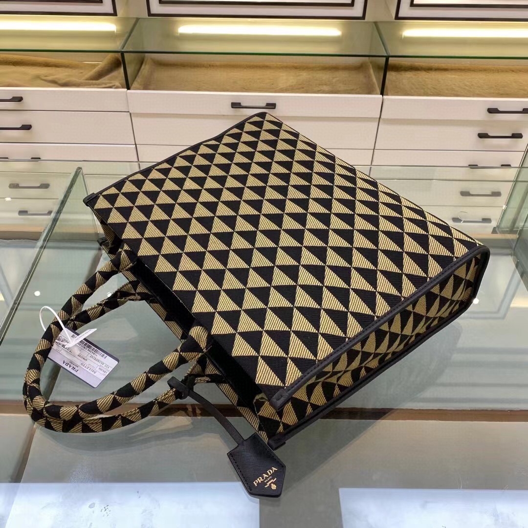Prada Large Symbole Jacquard Fabric Handbag Black/Beige For Women, Women’s Bags 15.3in/39cm 1BA356_2FKL_F0Y30_V_OOO