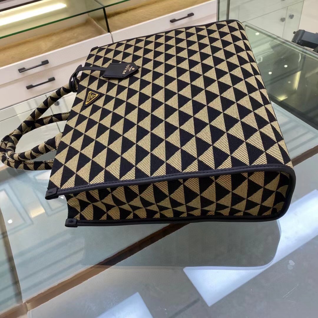 Prada Large Symbole Jacquard Fabric Handbag Black/Beige For Women, Women’s Bags 15.3in/39cm 1BA356_2FKL_F0Y30_V_OOO