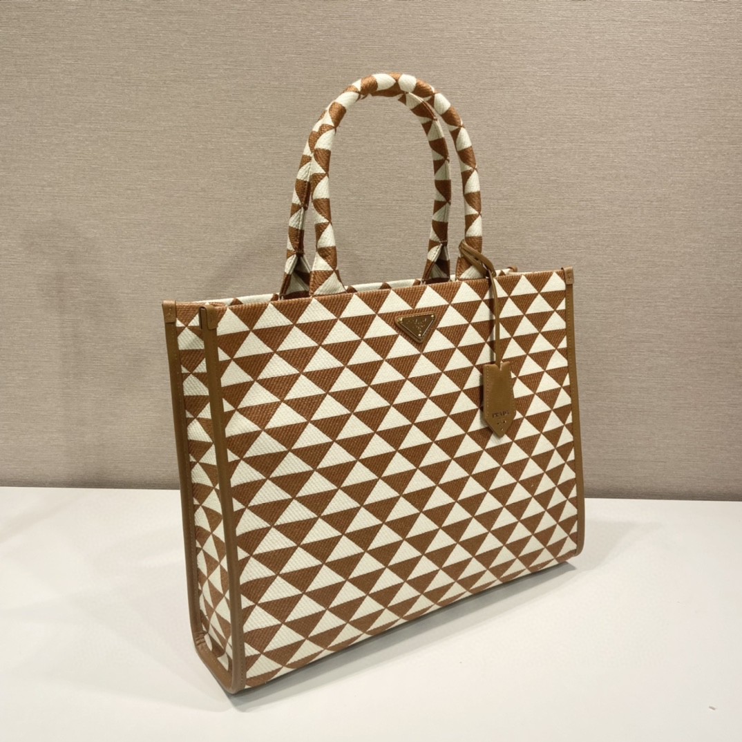 Prada Large Symbole Jacquard Fabric Handbag Brown/White For Women, Women’s Bags 15.3in/39cm 1BA356_2FKL_F0I0U_V_OOO