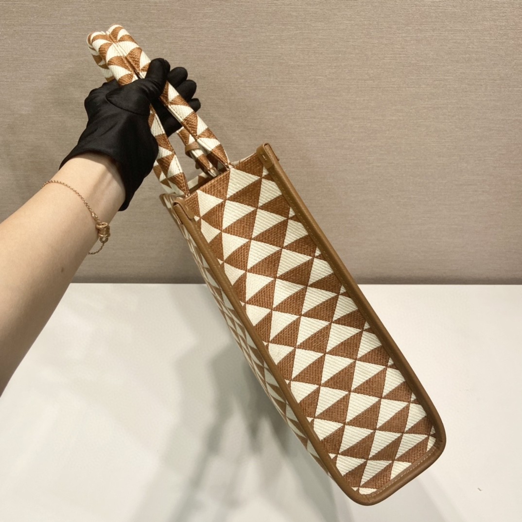 Prada Large Symbole Jacquard Fabric Handbag Brown/White For Women, Women’s Bags 15.3in/39cm 1BA356_2FKL_F0I0U_V_OOO