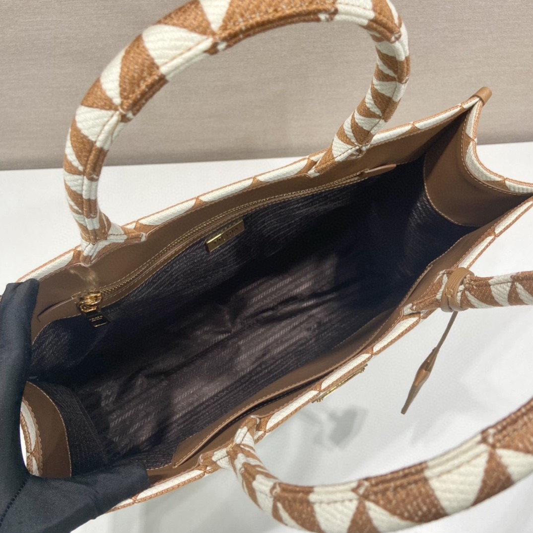 Prada Large Symbole Jacquard Fabric Handbag Brown/White For Women, Women’s Bags 15.3in/39cm 1BA356_2FKL_F0I0U_V_OOO