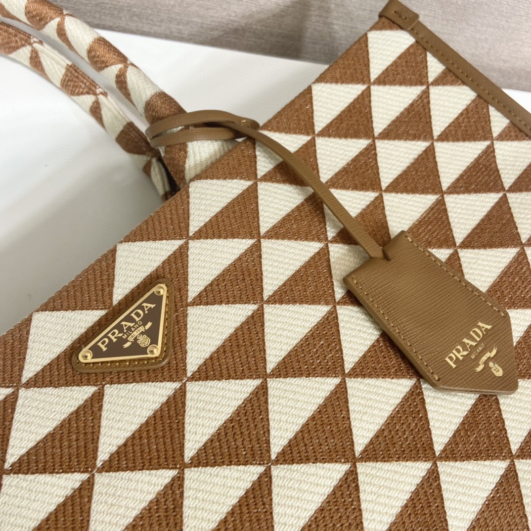 Prada Large Symbole Jacquard Fabric Handbag Brown/White For Women, Women’s Bags 15.3in/39cm 1BA356_2FKL_F0I0U_V_OOO