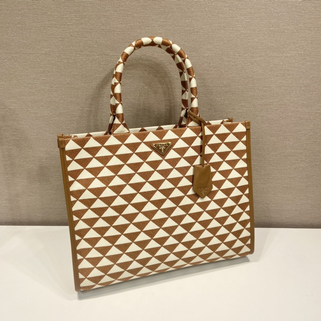 Prada Large Symbole Jacquard Fabric Handbag Brown/White For Women, Women’s Bags 15.3in/39cm 1BA356_2FKL_F0I0U_V_OOO