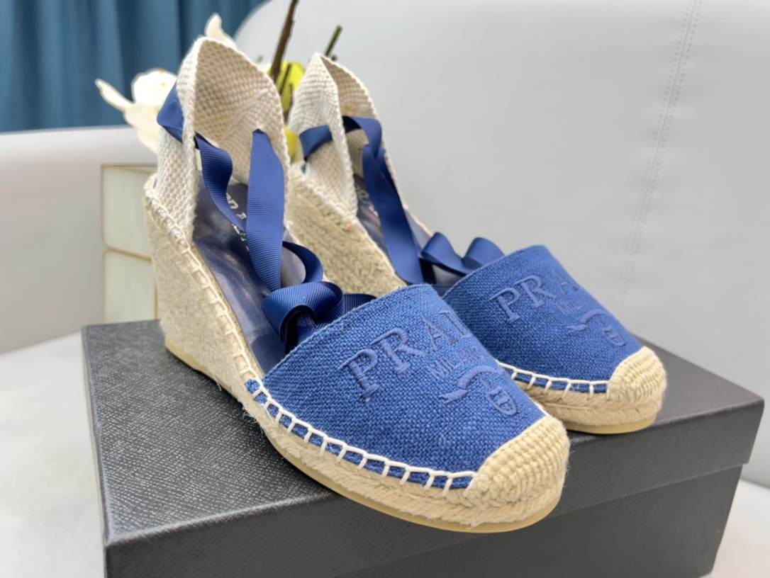 Prada Linen Espadrille Wedge Sandals Blue For Women 3.5in/90mm PRD 1IZ045_376_F0013_F_090