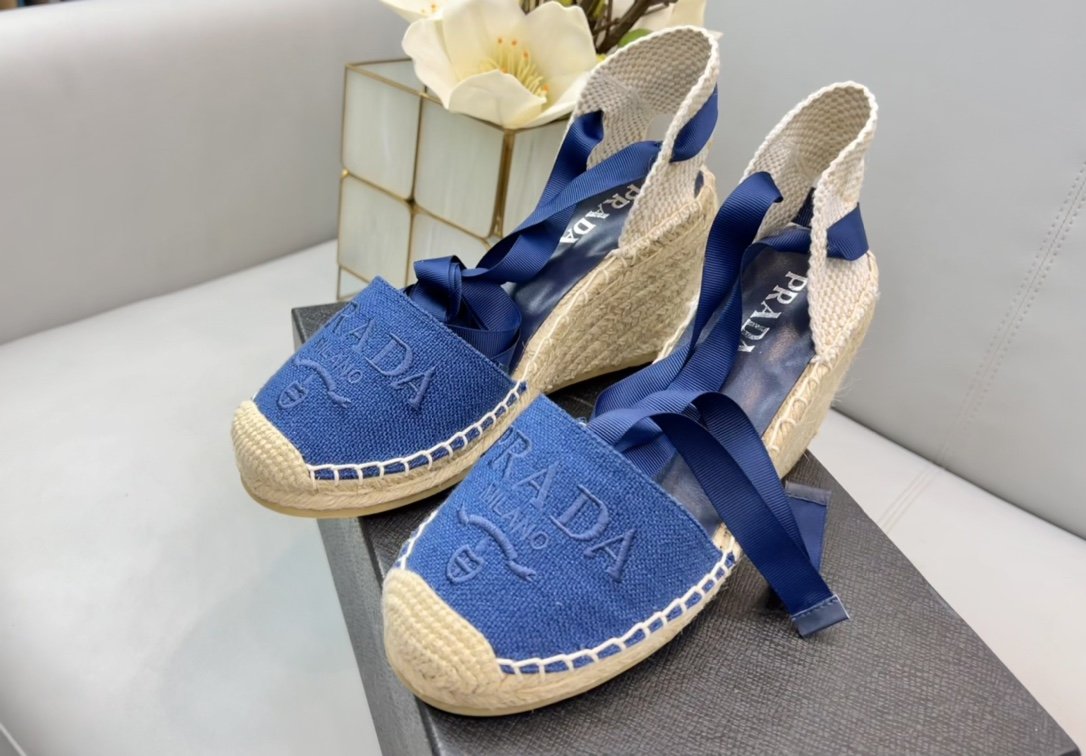 Prada Linen Espadrille Wedge Sandals Blue For Women 3.5in/90mm PRD 1IZ045_376_F0013_F_090