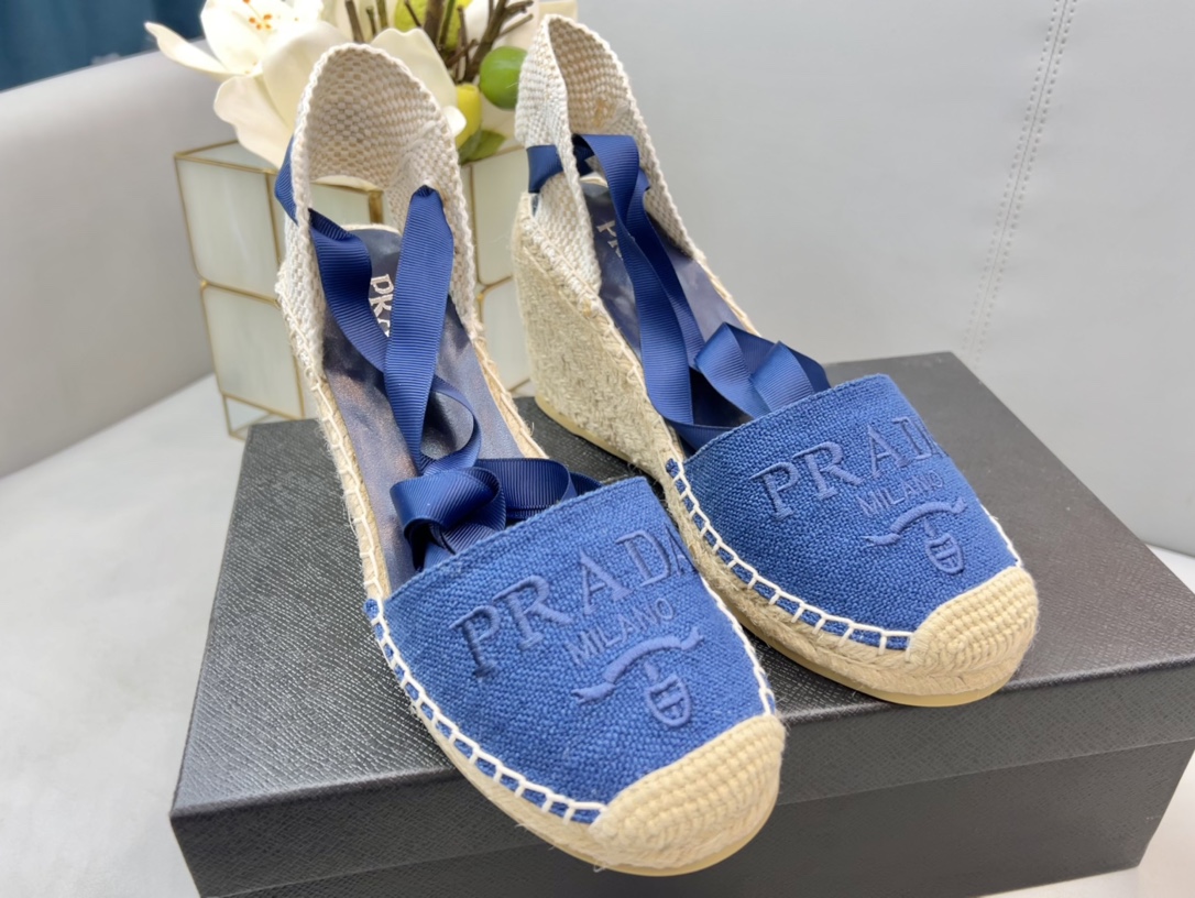 Prada Linen Espadrille Wedge Sandals Blue For Women 3.5in/90mm PRD 1IZ045_376_F0013_F_090