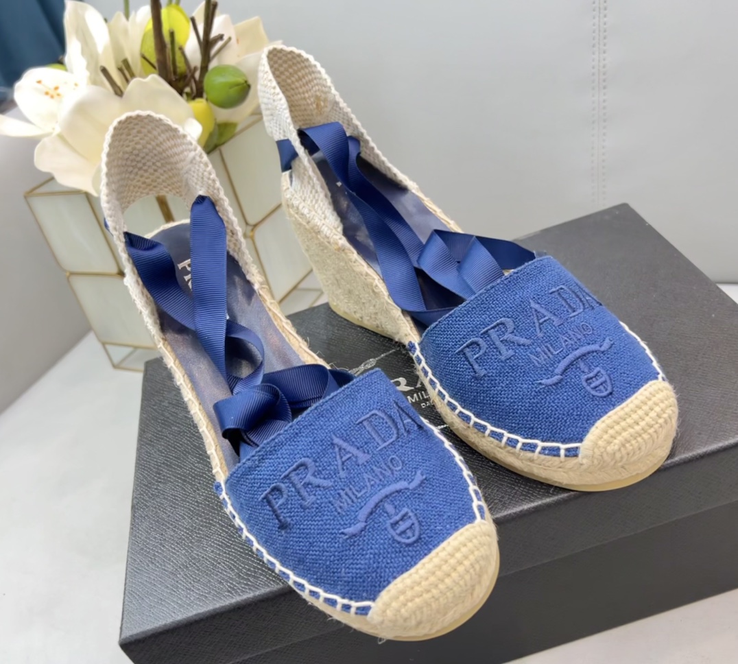 Prada Linen Espadrille Wedge Sandals Blue For Women 3.5in/90mm PRD 1IZ045_376_F0013_F_090