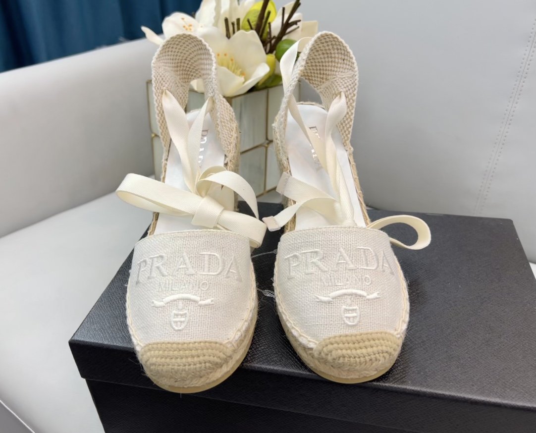 Prada Linen Espadrille Wedge Sandals White For Women 3.5in/90mm PRD