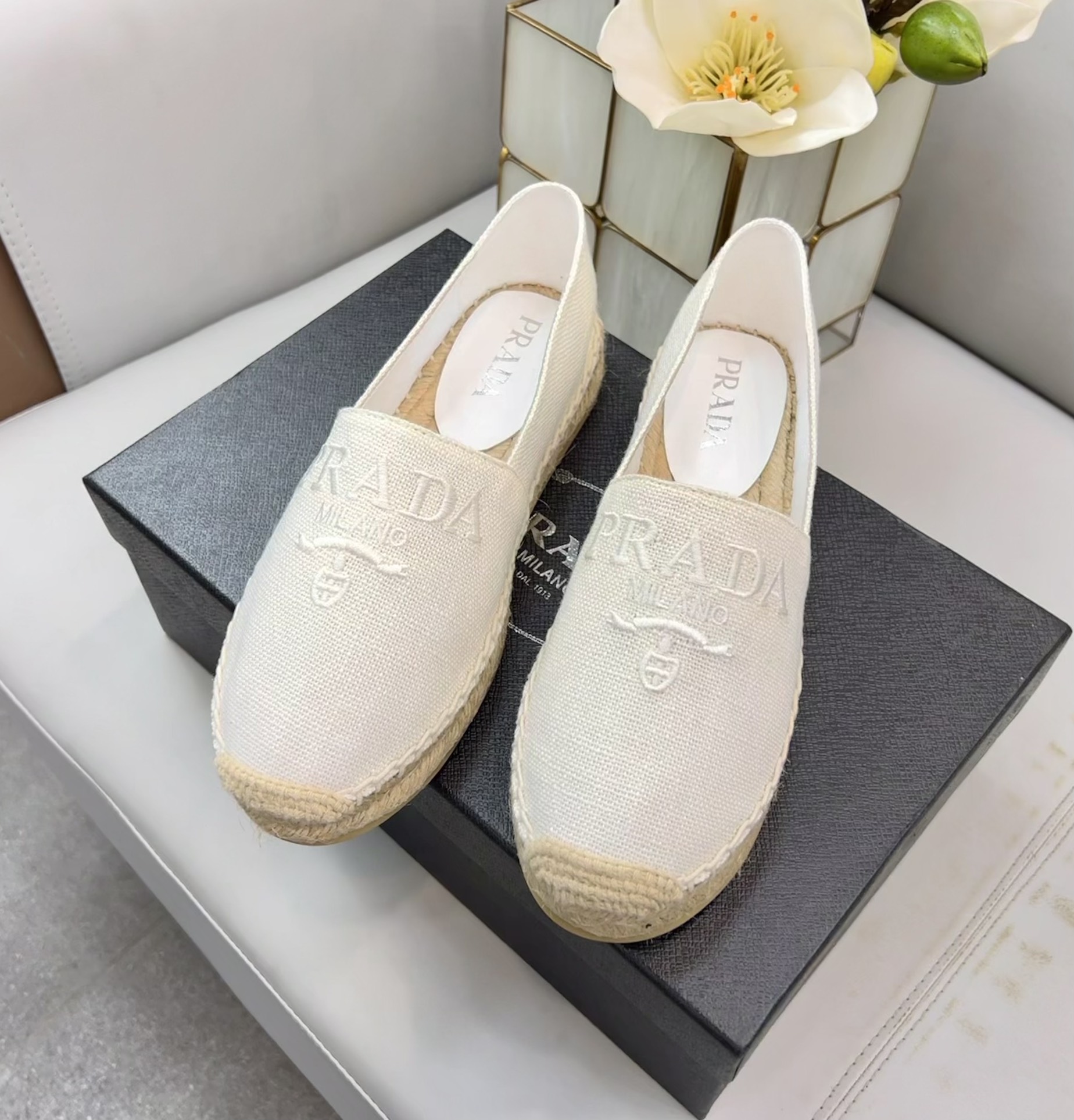 Prada Linen Espadrilles White For Women 0.8in/20mm PRD 