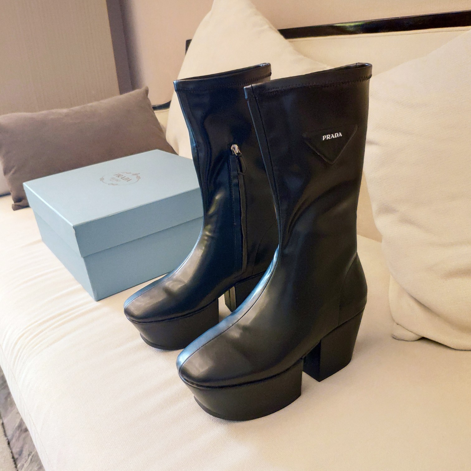 Prada Logo Platform Boots Black For Women 2.9in/7.5cm PRD 1wp148f070_f0002
