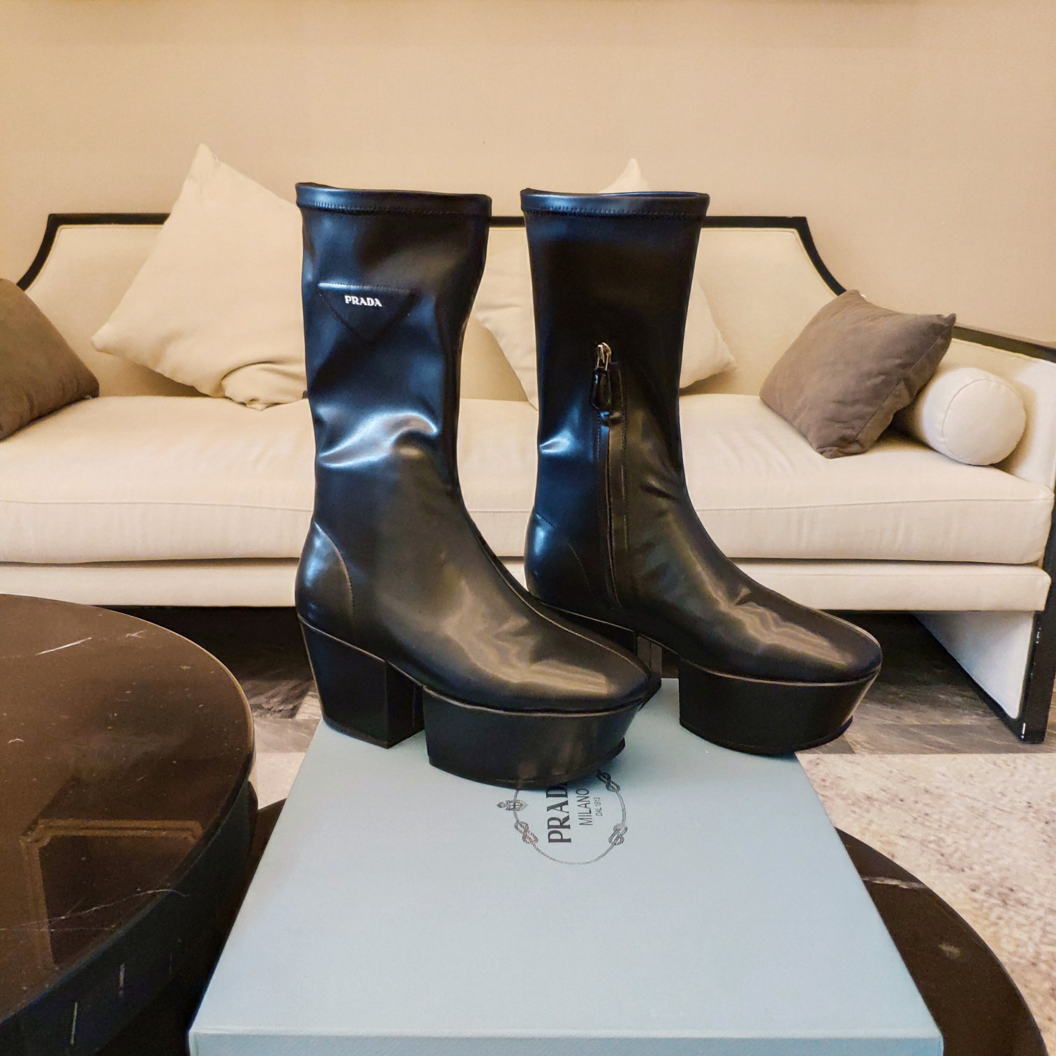 Prada Logo Platform Boots Black For Women 2.9in/7.5cm PRD 1wp148f070_f0002
