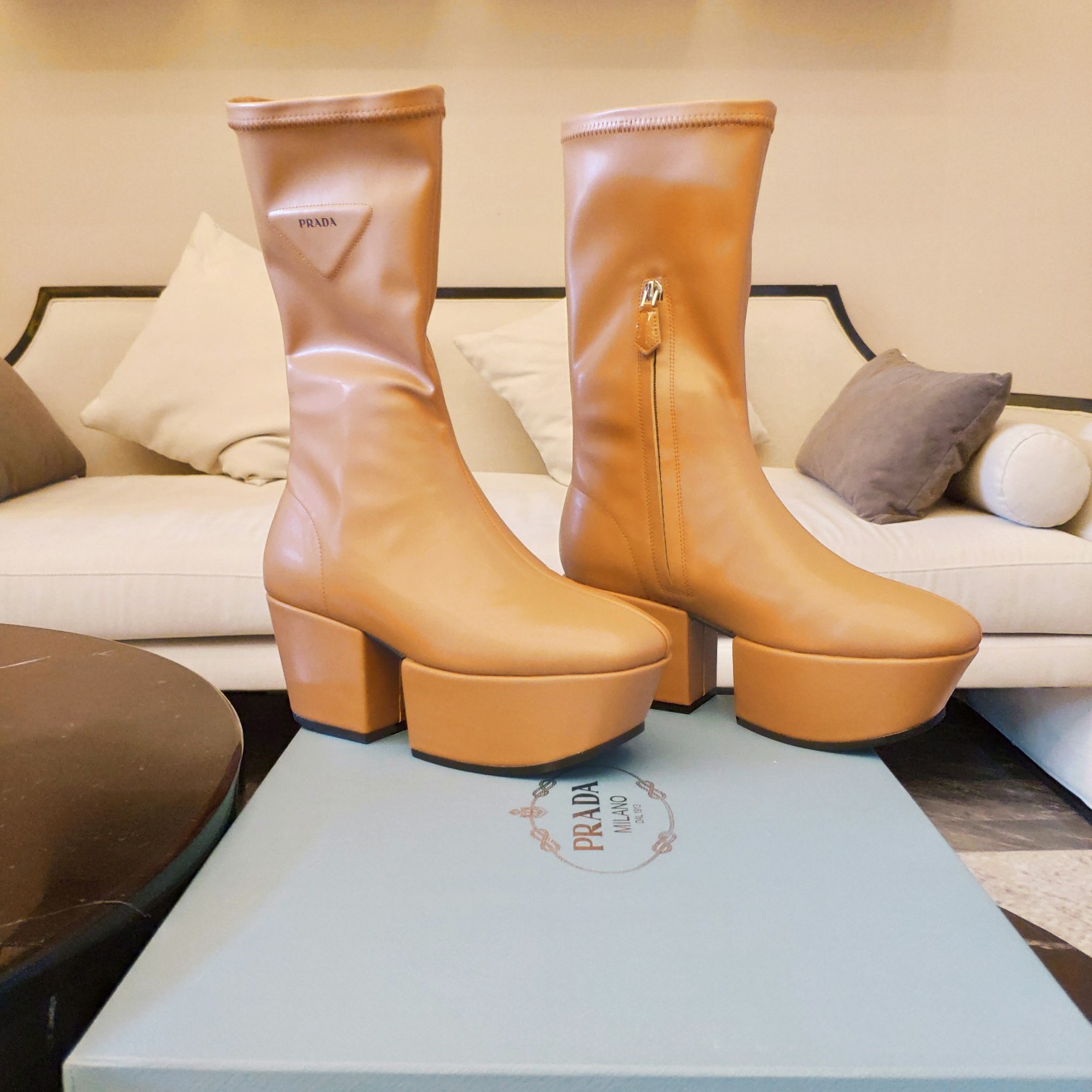 Prada Logo Platform Boots Brown For Women 2.9in/7.5cm PRD