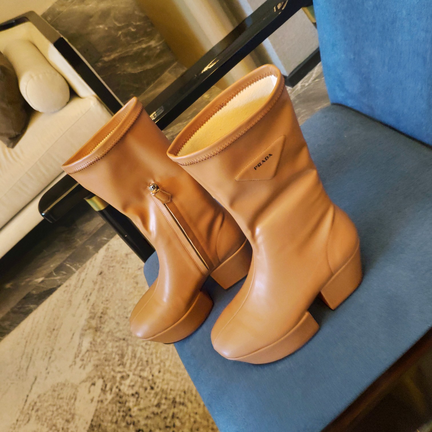 Prada Logo Platform Boots Brown For Women 2.9in/7.5cm PRD