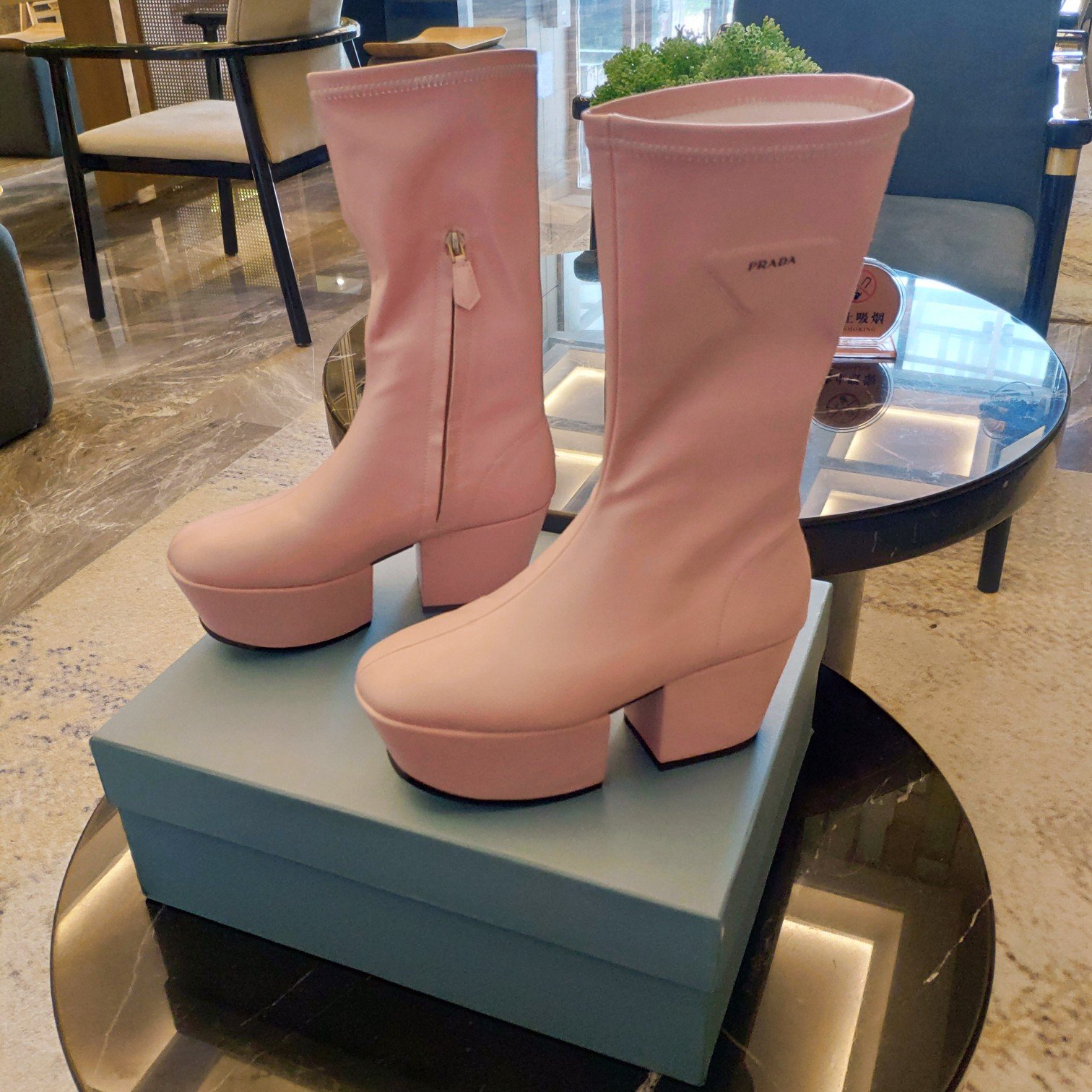 Prada Logo Platform Boots Pink For Women 2.9in/7.5cm PRD 