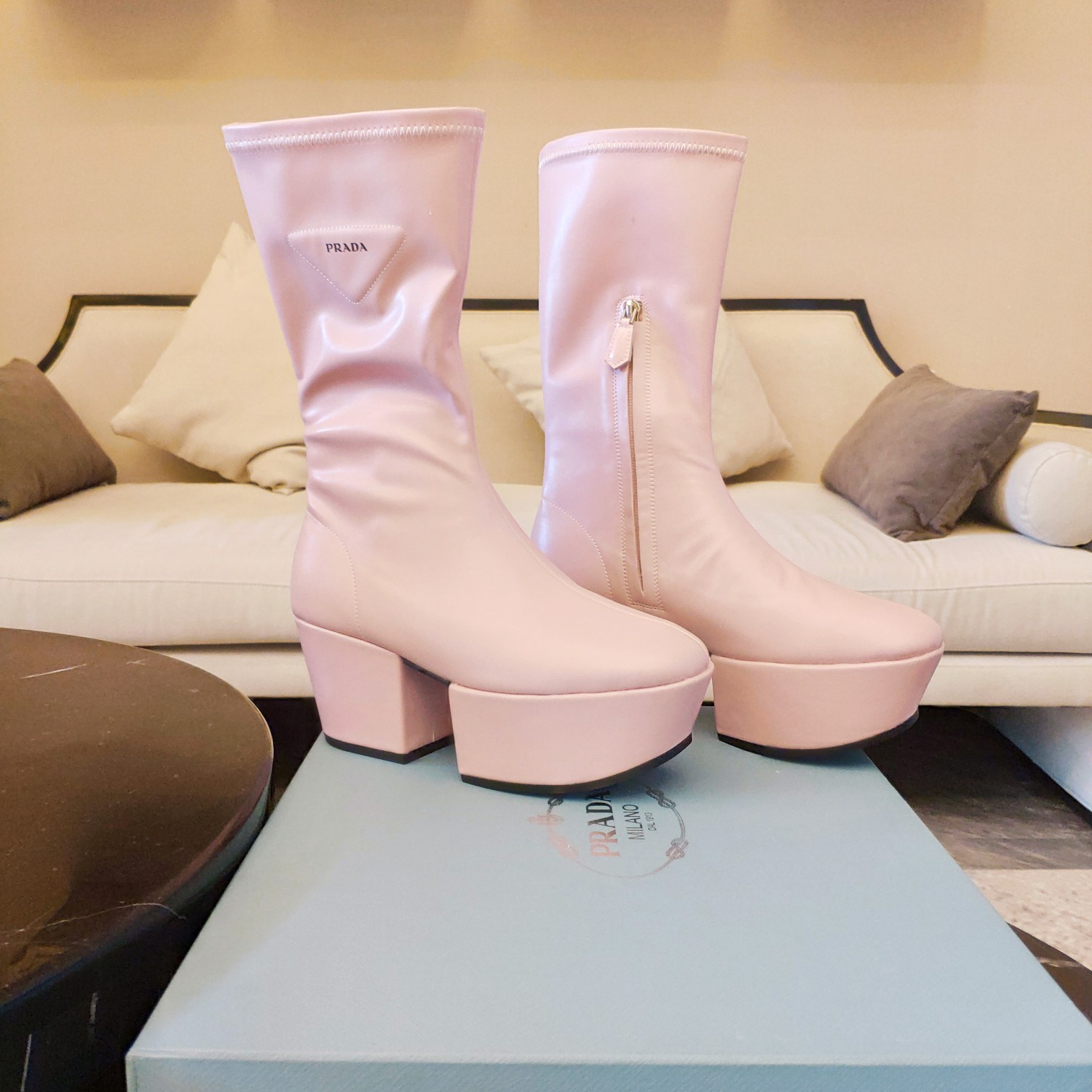 Prada Logo Platform Boots Pink For Women 2.9in/7.5cm PRD 