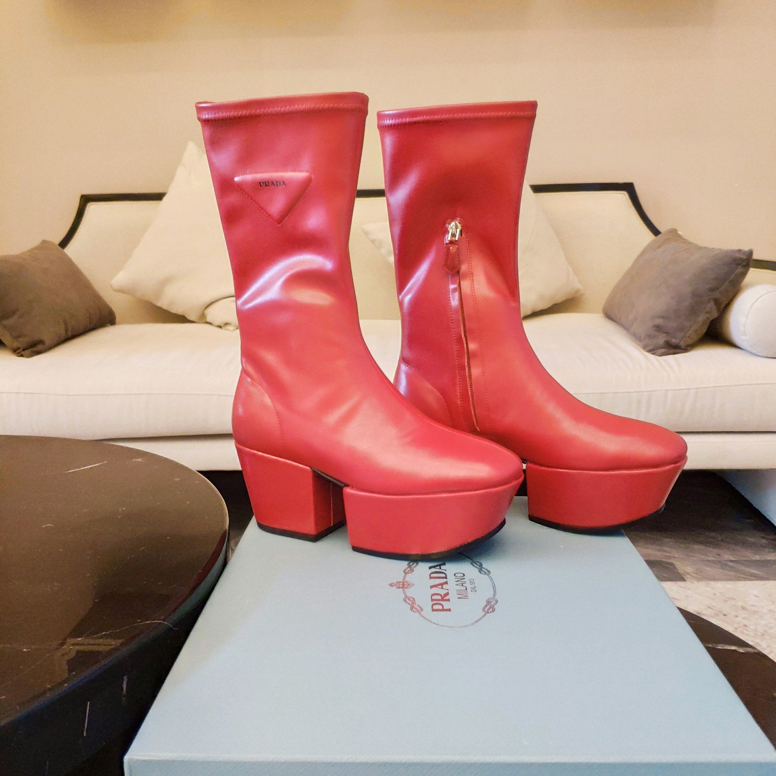 Prada Logo Platform Boots Red For Women 2.9in/7.5cm PRD 