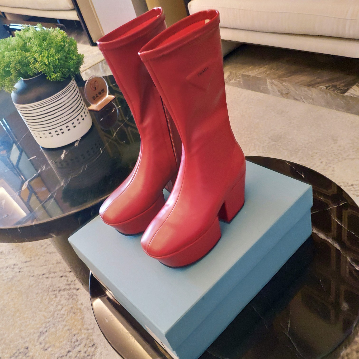 Prada Logo Platform Boots Red For Women 2.9in/7.5cm PRD 