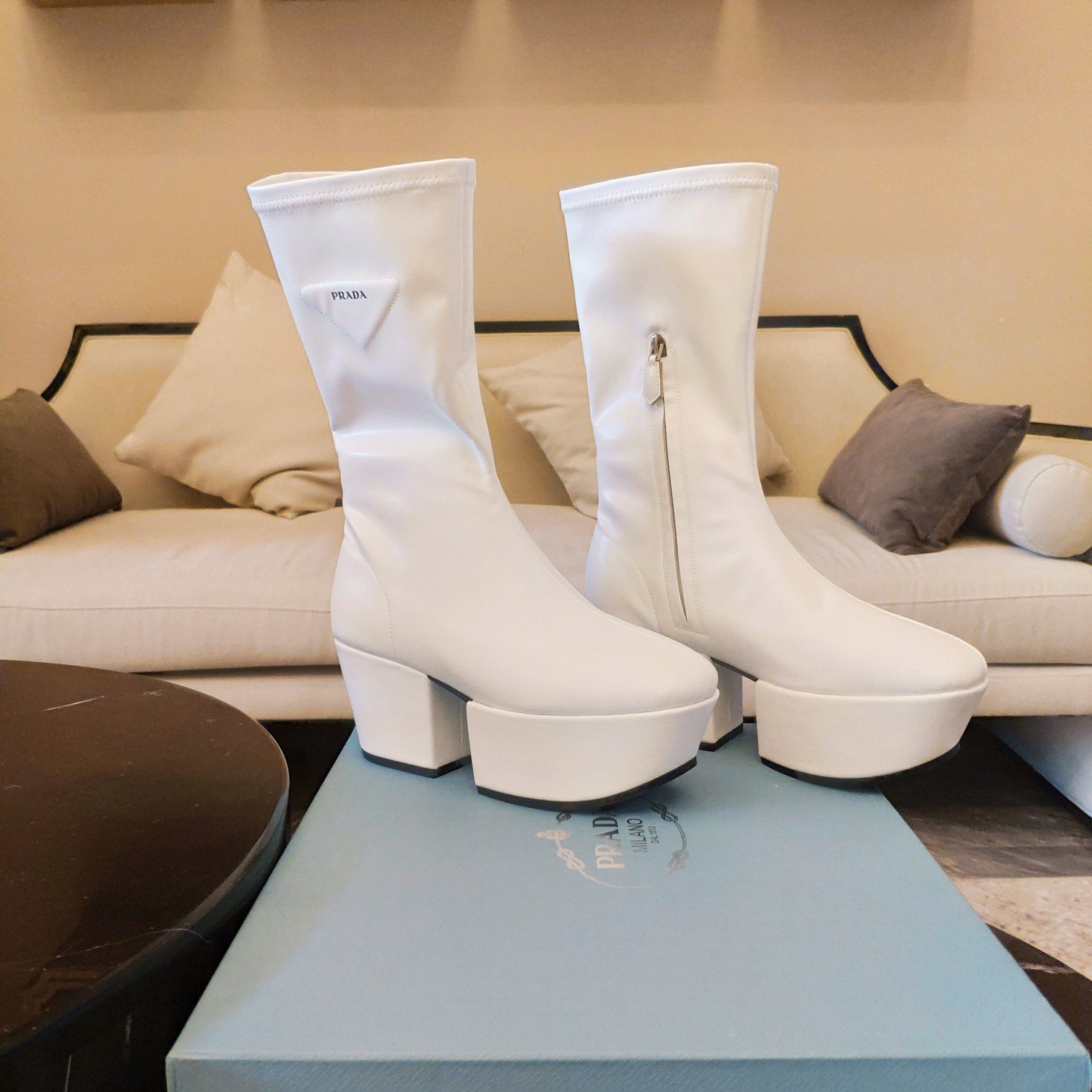Prada Logo Platform Boots White For Women 2.9in/7.5cm PRD 