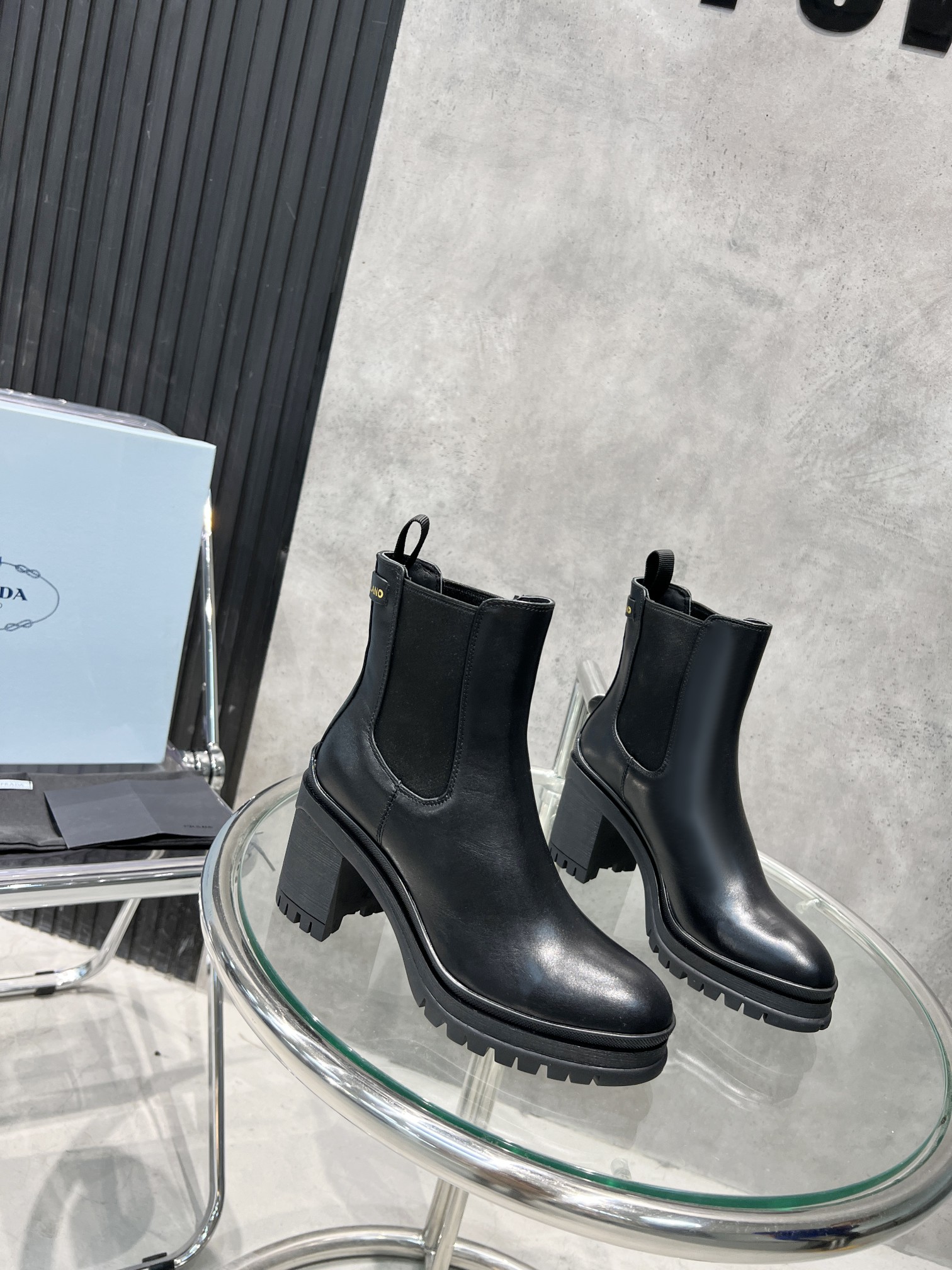Prada Lug Sole Chelsea Boots Black For Women 2.3in/55mm PRD 0400014408655