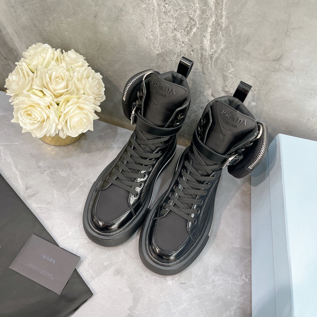 Prada Macro Re-Nylon And Brushed High-Top Sneakers Black For Women 1.8in/45mm PRD