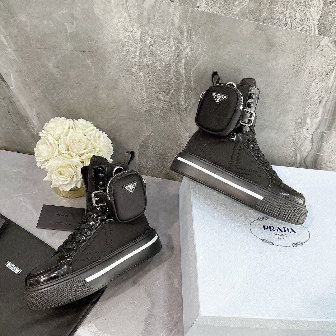 Prada Macro Re-Nylon And Brushed High-Top Sneakers Black For Women 1.8in/45mm PRD