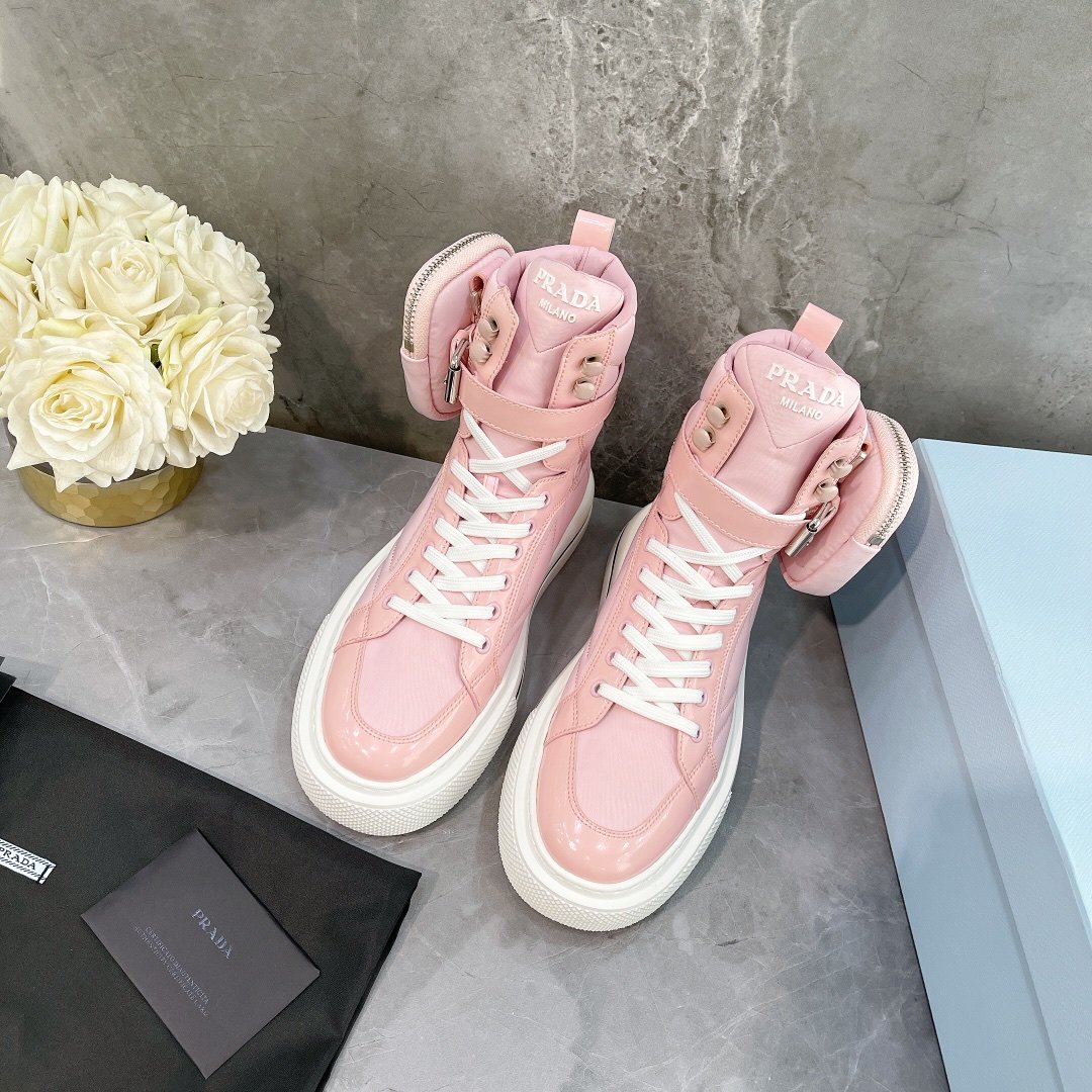 Prada Macro Re-Nylon And Brushed High-Top Sneakers Pink For Women 1.8in/45mm PRD