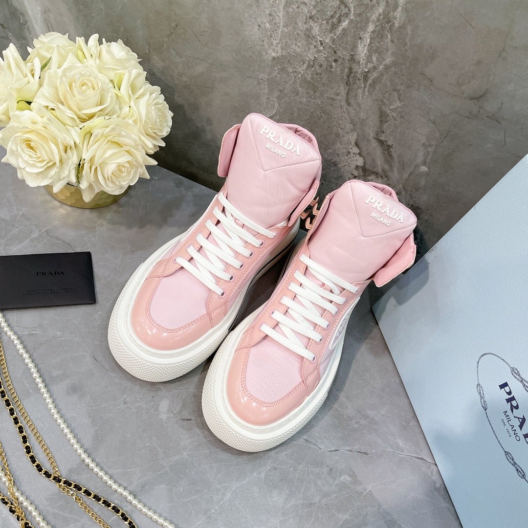 Prada Macro Re-Nylon And Brushed High-Top Sneakers Pink For Women 1.8in/45mm PRD
