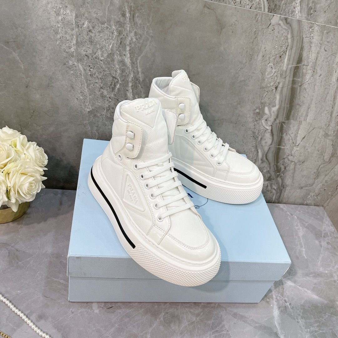 Prada Macro Re-Nylon And Brushed High-Top Sneakers White For Women 1.8in/45mm PRD 1T642M_3LF5_F0009_F_B045