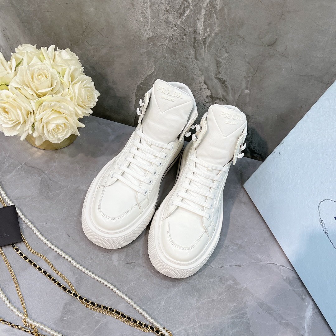 Prada Macro Re-Nylon And Brushed High-Top Sneakers White For Women 1.8in/45mm PRD 1T642M_3LF5_F0009_F_B045