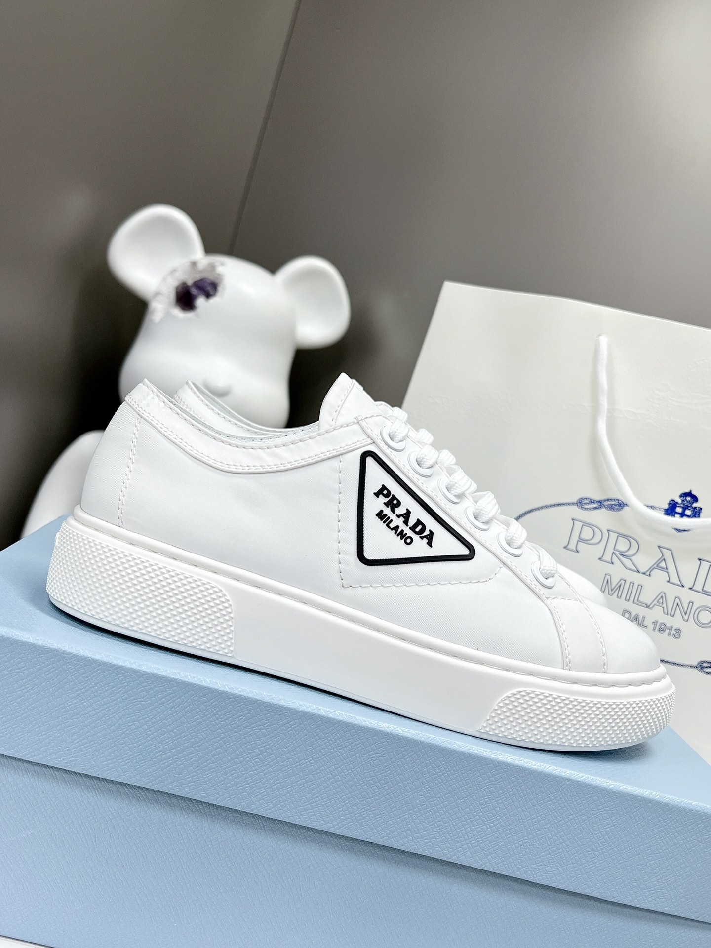 Prada Macro Re-Nylon And Brushed Sneakers White For Women 1.2in/30mm PRD
