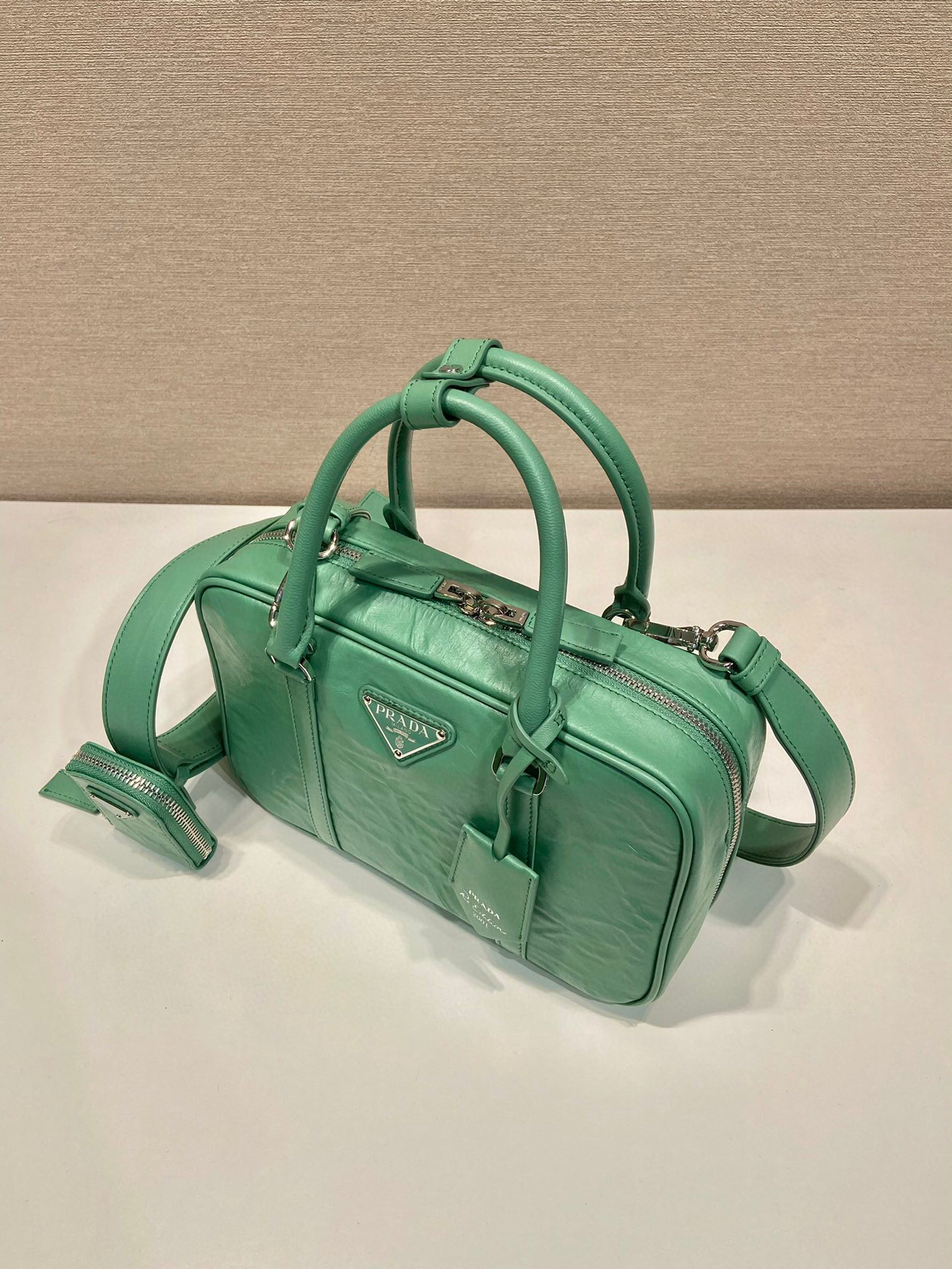 Prada Medium Antique Nappa Top Handle Bag In Green/Pink For Women 9.5 in/ 24cm 1BB092_UVL_F0092_V_T2O