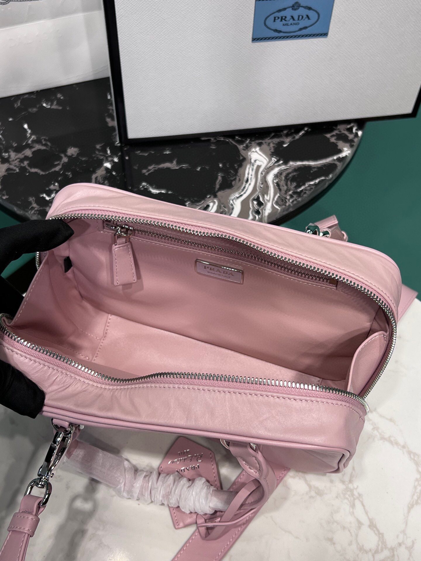 Prada Medium Antique Nappa Top Handle Bag In Green/Pink For Women 9.5 in/ 24cm 1BB092_UVL_F0092_V_T2O
