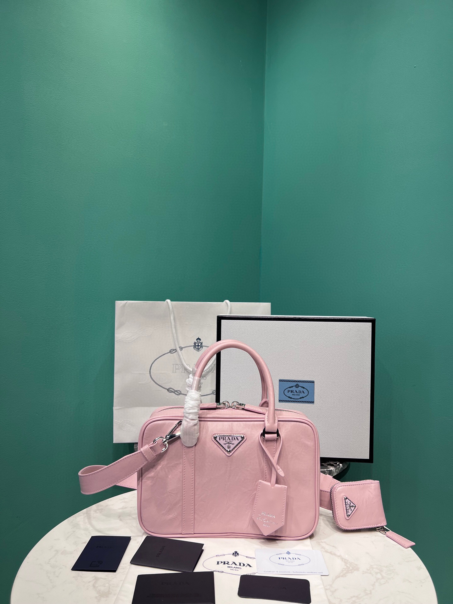 Prada Medium Antique Nappa Top Handle Bag In Green/Pink For Women 9.5 in/ 24cm 1BB092_UVL_F0092_V_T2O