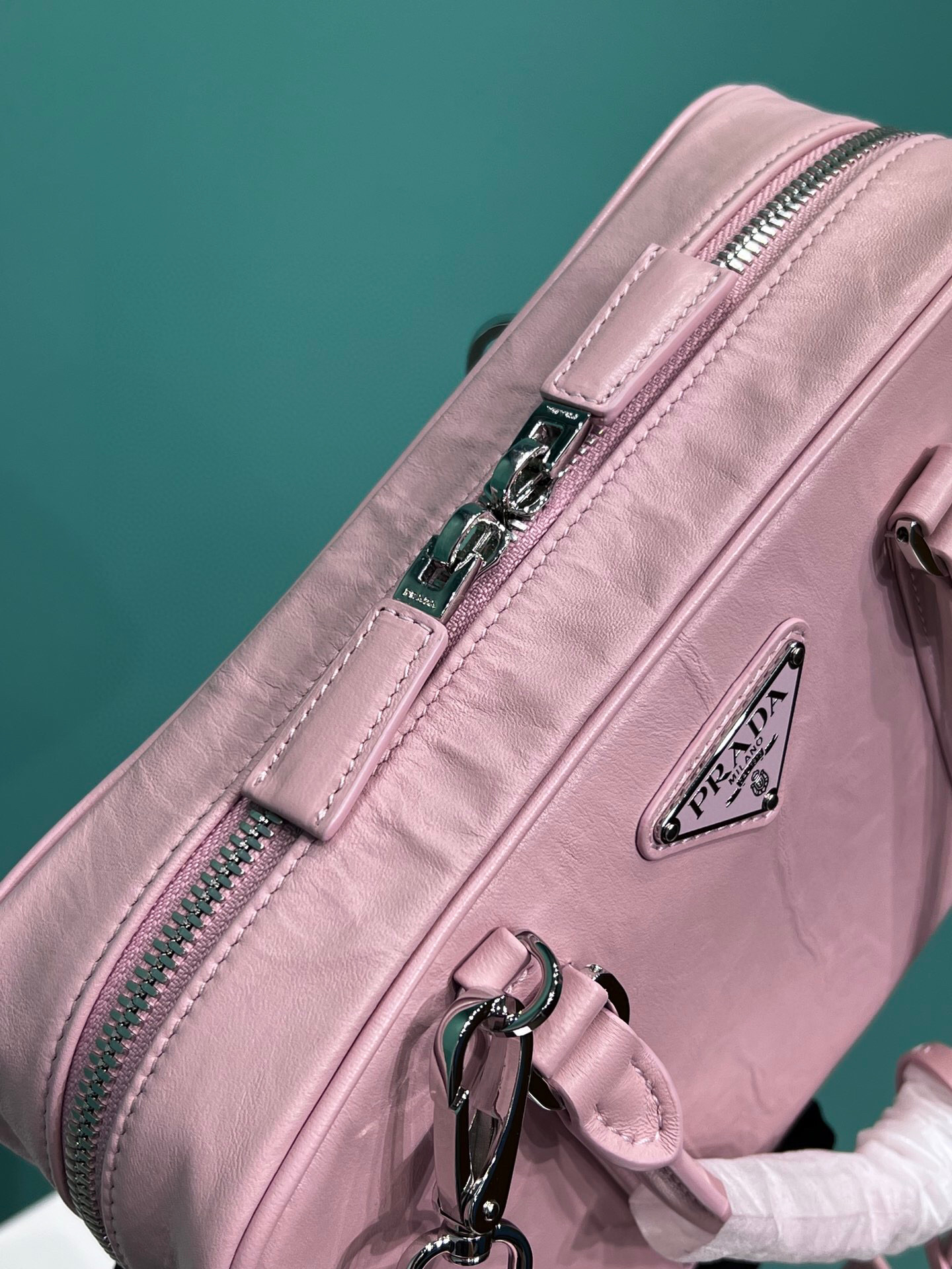 Prada Medium Antique Nappa Top Handle Bag In Green/Pink For Women 9.5 in/ 24cm 1BB092_UVL_F0092_V_T2O