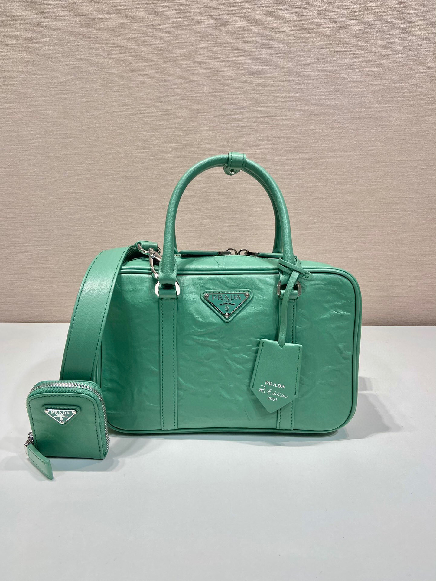 Prada Medium Antique Nappa Top Handle Bag In Green/Pink For Women 9.5 in/ 24cm 1BB092_UVL_F0092_V_T2O