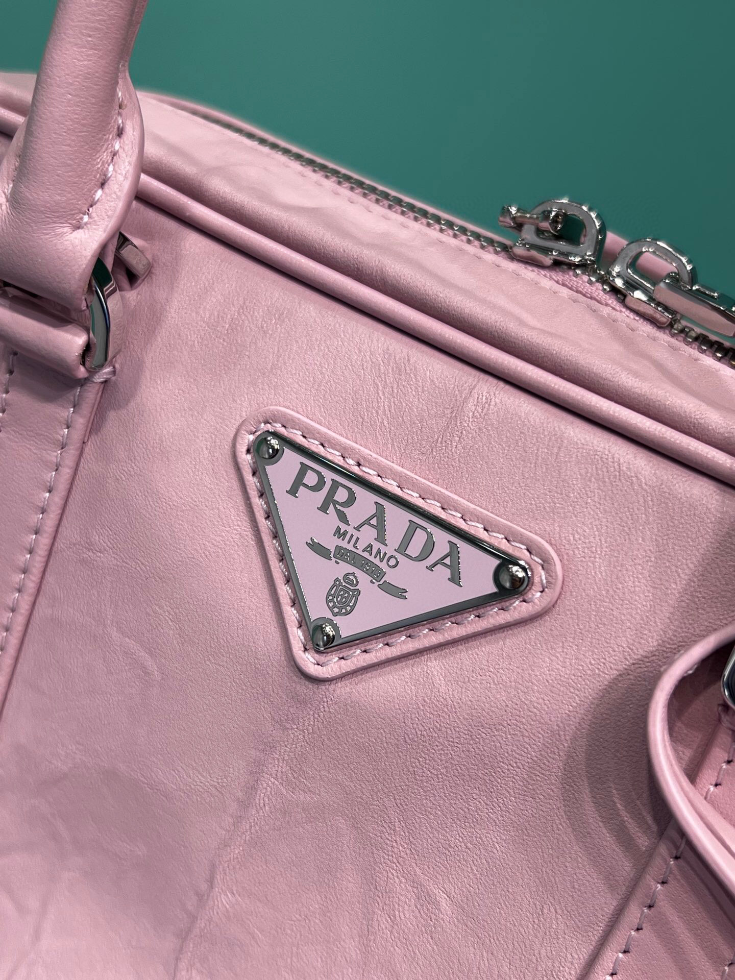Prada Medium Antique Nappa Top Handle Bag In Green/Pink For Women 9.5 in/ 24cm 1BB092_UVL_F0092_V_T2O