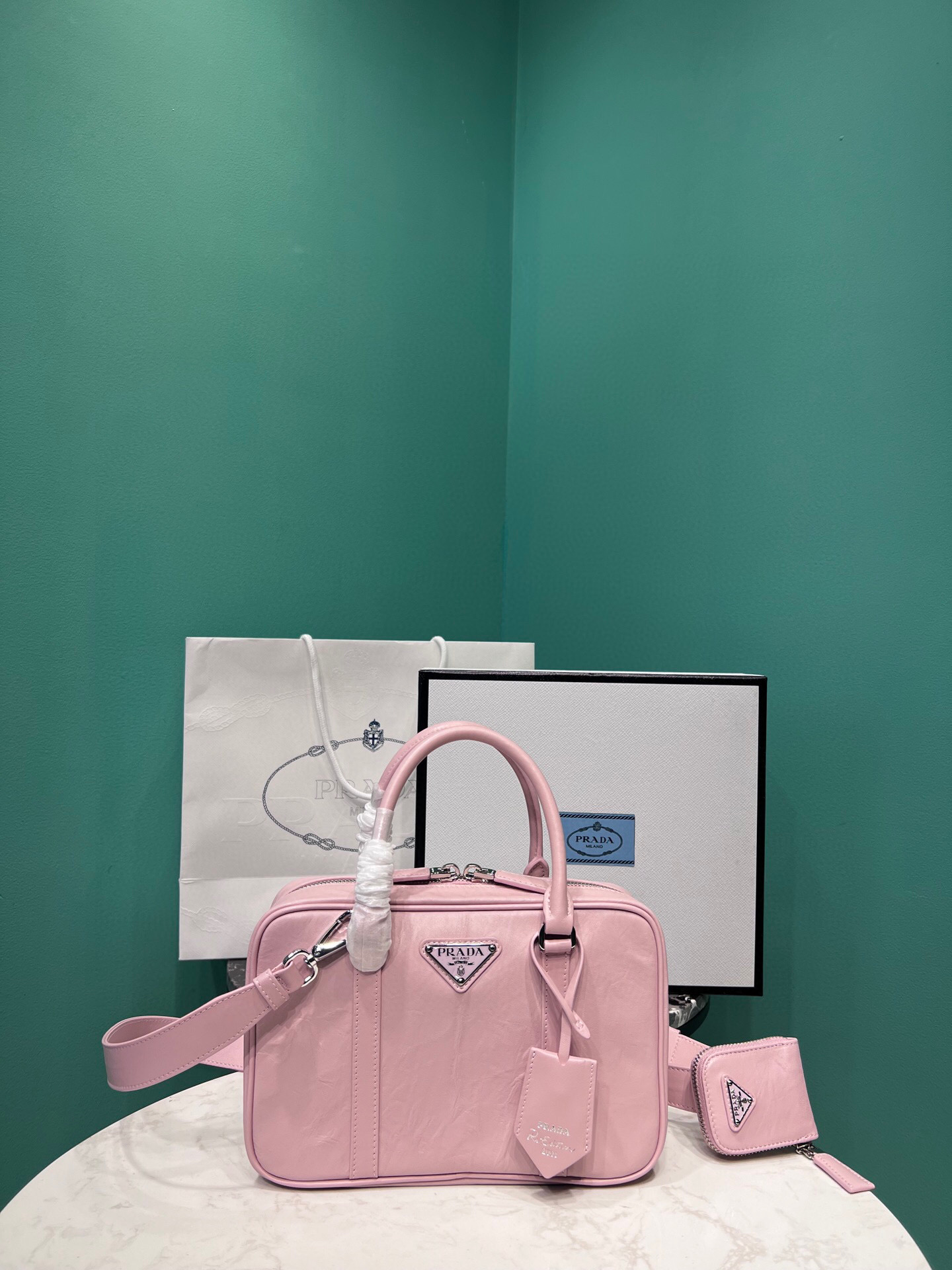 Prada Medium Antique Nappa Top Handle Bag In Green/Pink For Women 9.5 in/ 24cm 1BB092_UVL_F0092_V_T2O