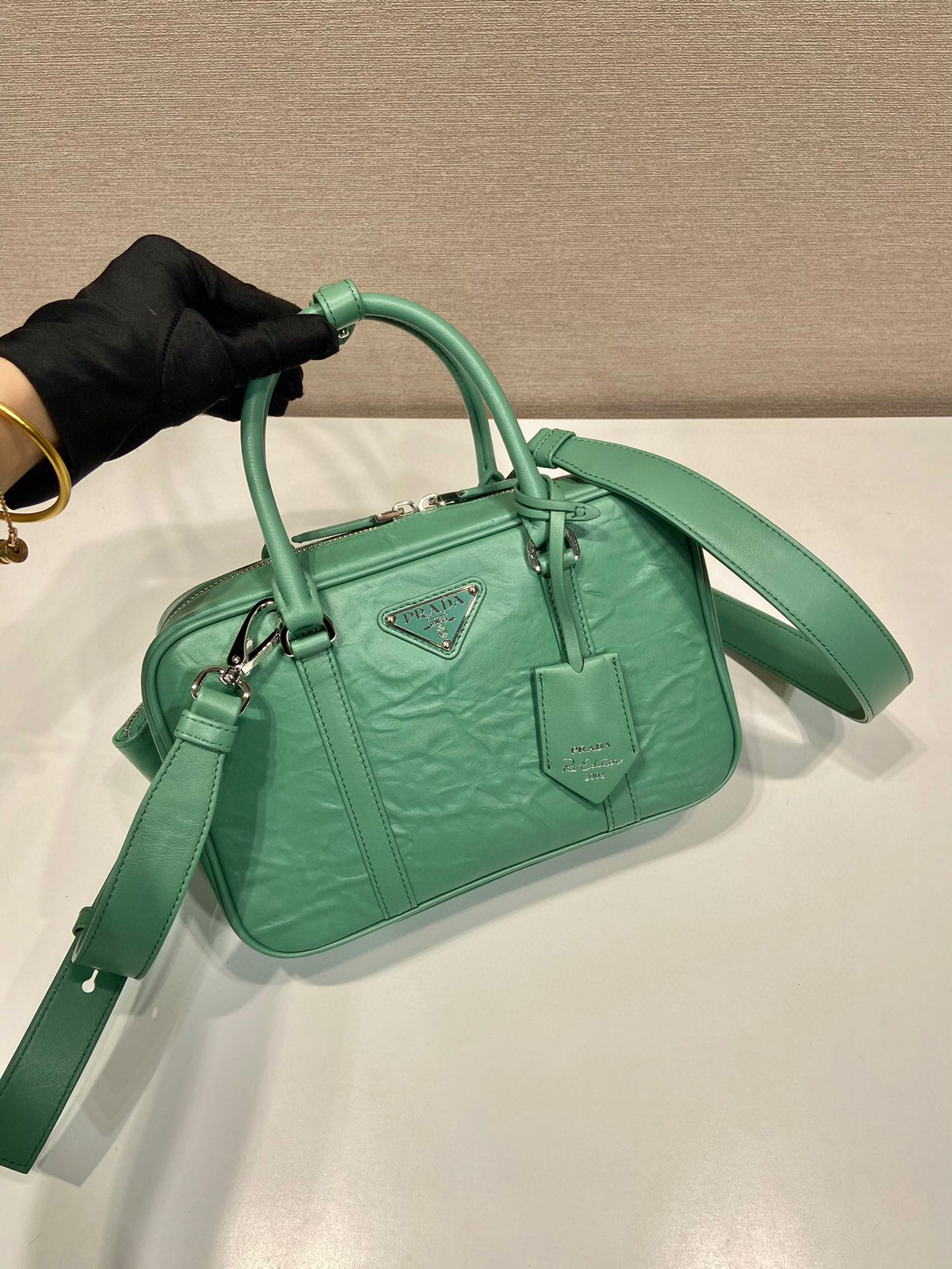 Prada Medium Antique Nappa Top Handle Bag In Green/Pink For Women 9.5 in/ 24cm 1BB092_UVL_F0092_V_T2O