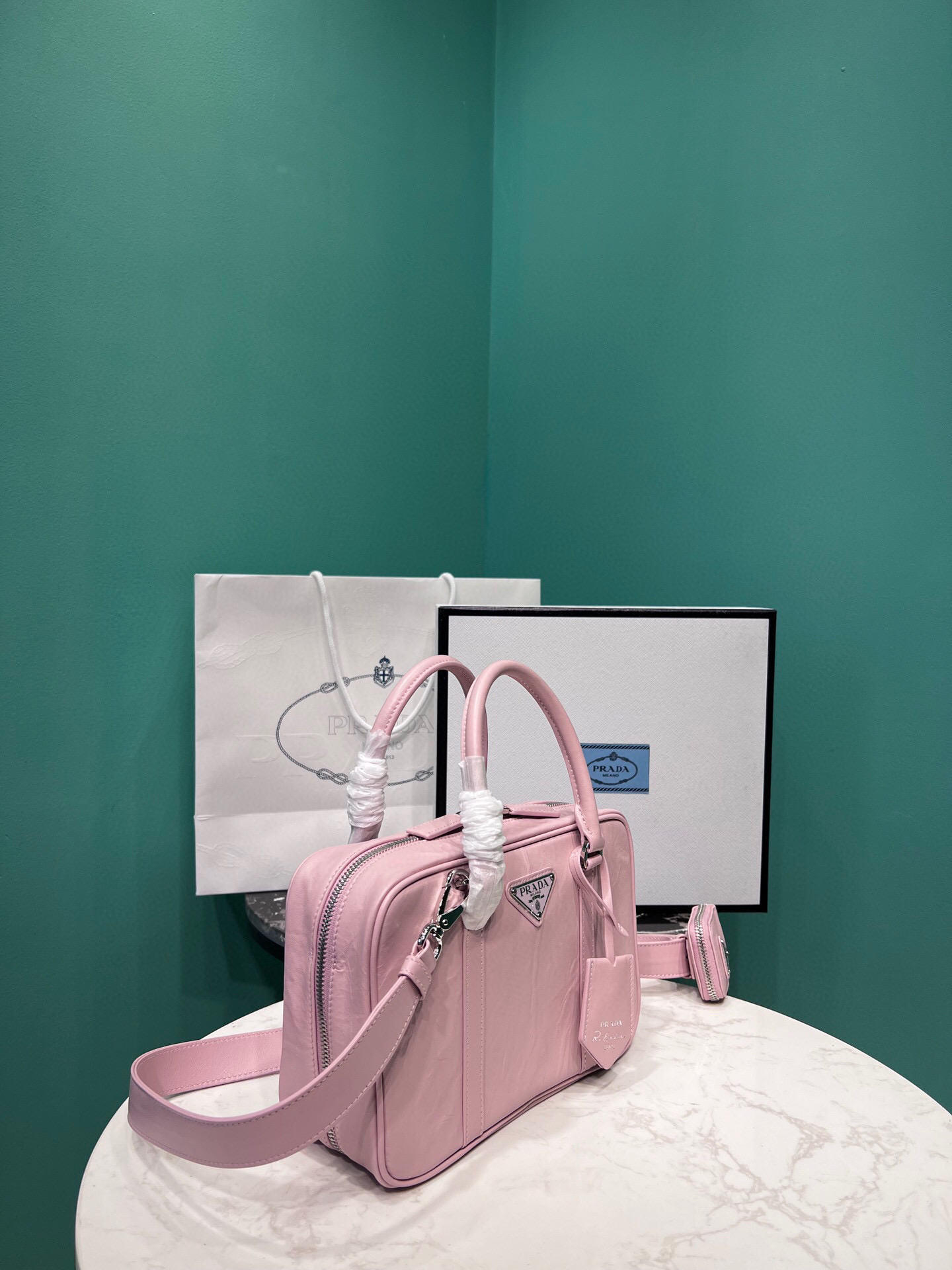 Prada Medium Antique Nappa Top Handle Bag In Green/Pink For Women 9.5 in/ 24cm 1BB092_UVL_F0092_V_T2O