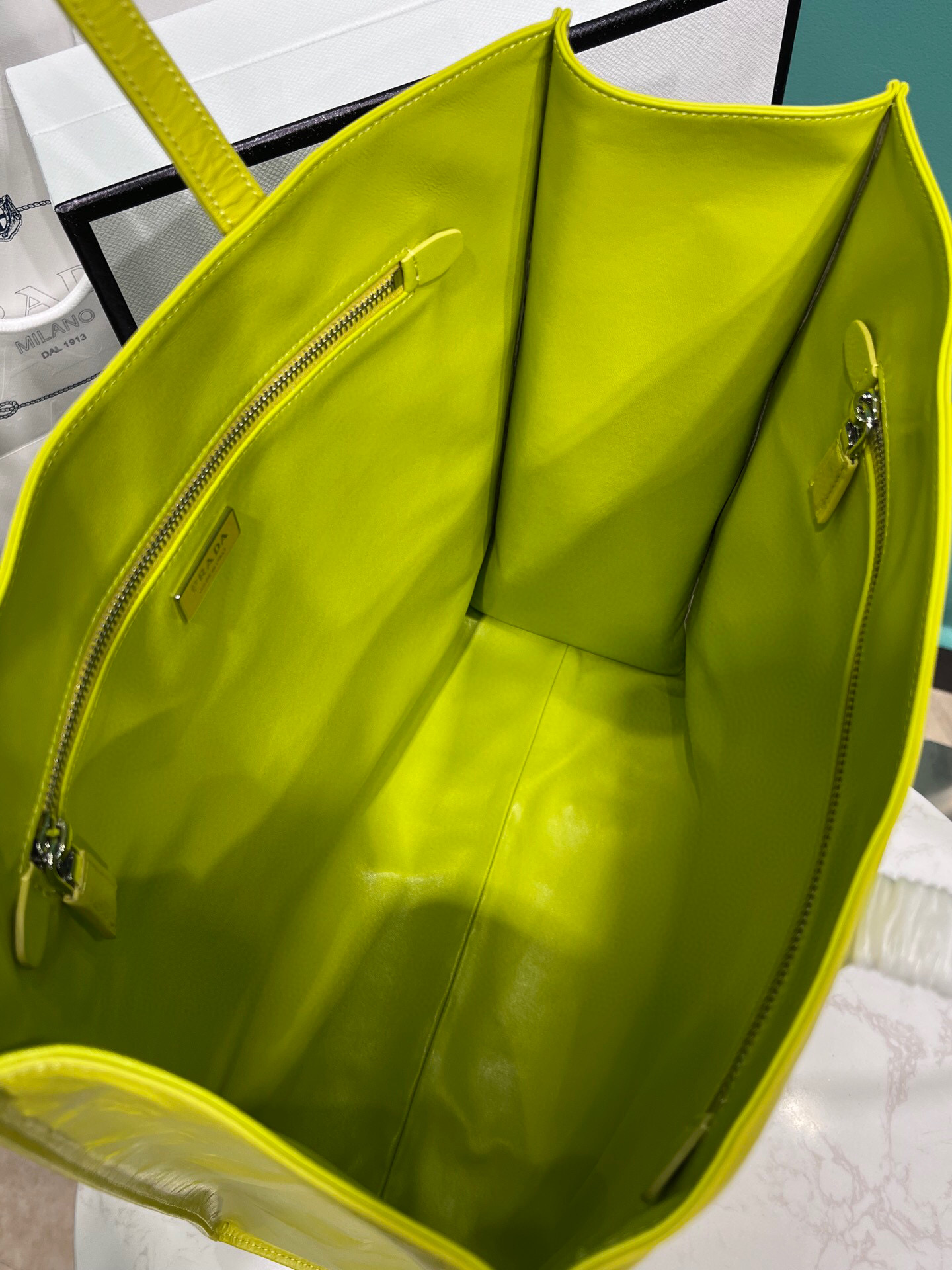 Prada Medium Antiqued Nappa Tote Bag In Yellow/Green For Women 15.3 in/ 39cm