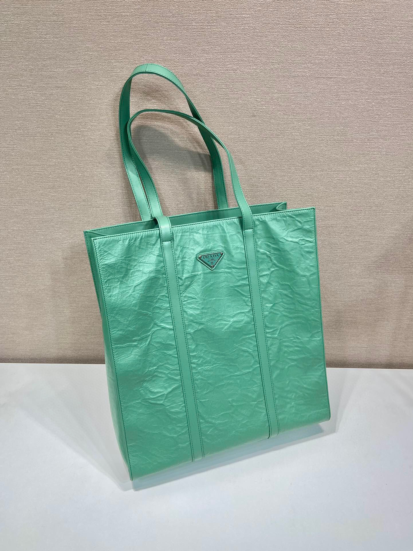 Prada Medium Antiqued Nappa Tote Bag In Yellow/Green For Women 15.3 in/ 39cm