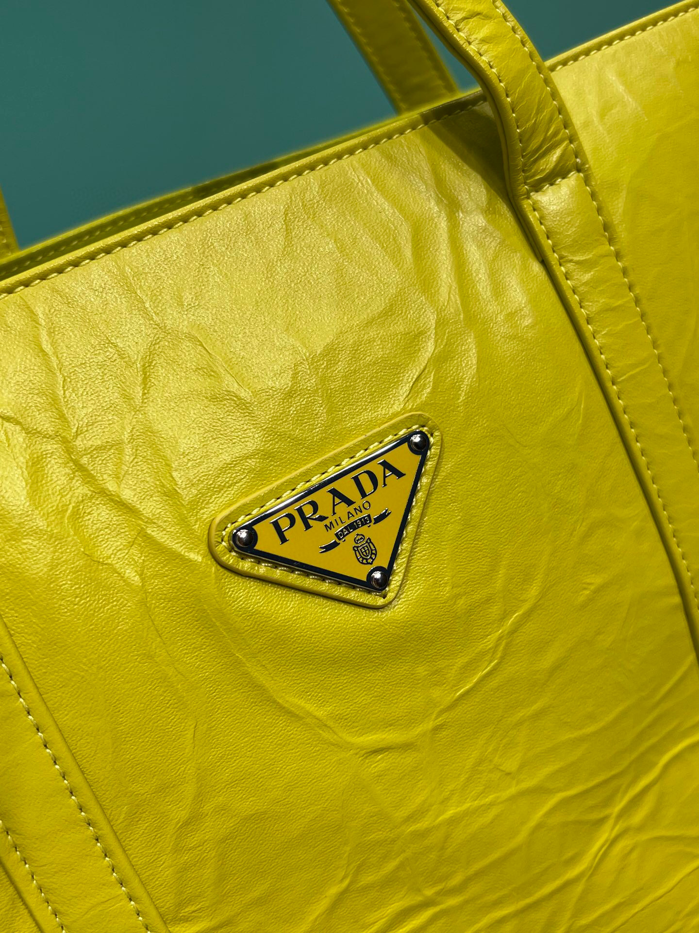 Prada Medium Antiqued Nappa Tote Bag In Yellow/Green For Women 15.3 in/ 39cm