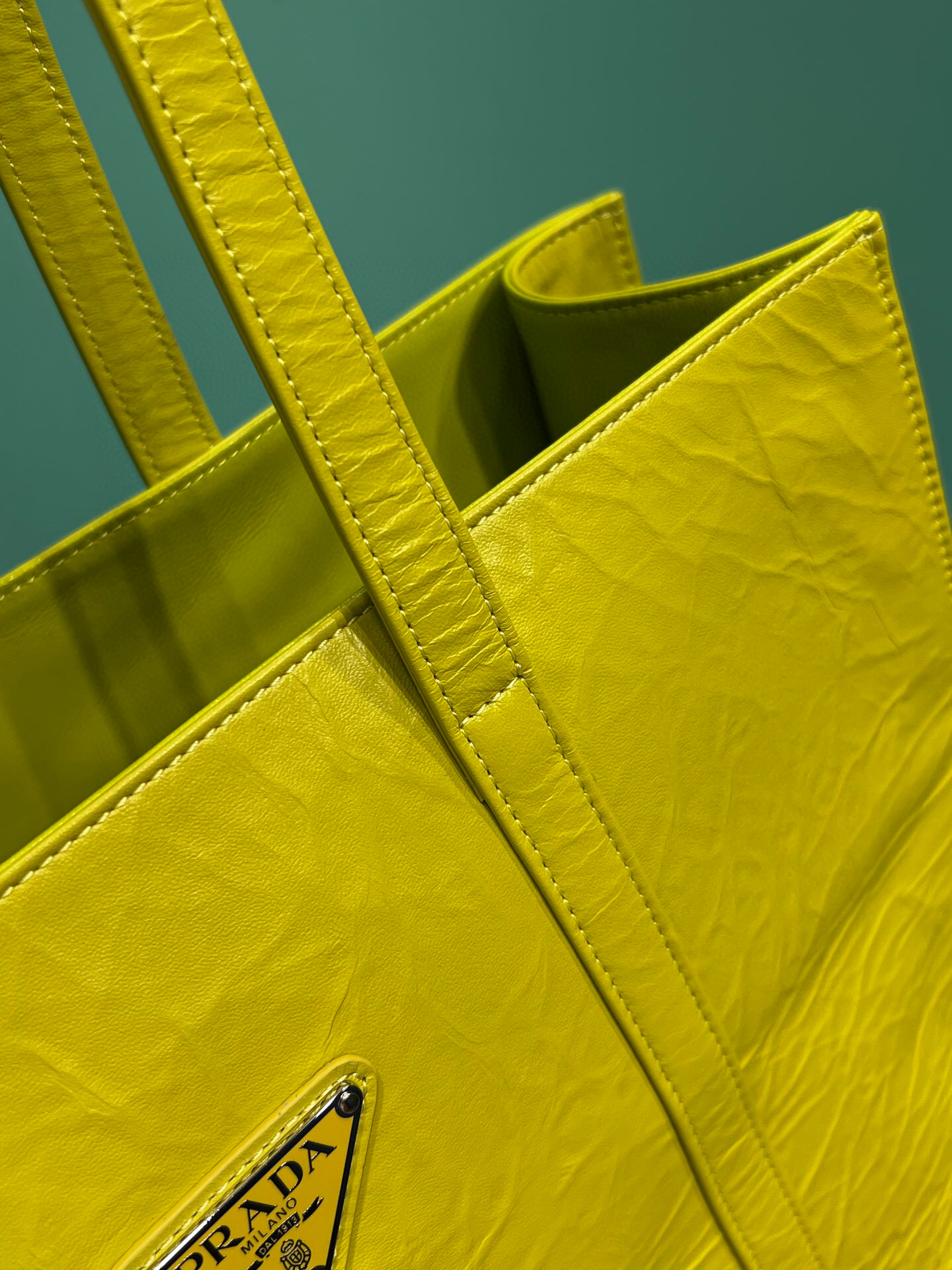 Prada Medium Antiqued Nappa Tote Bag In Yellow/Green For Women 15.3 in/ 39cm