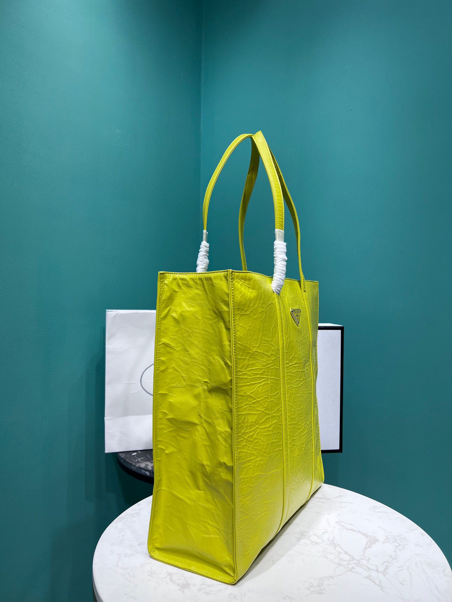 Prada Medium Antiqued Nappa Tote Bag In Yellow/Green For Women 15.3 in/ 39cm