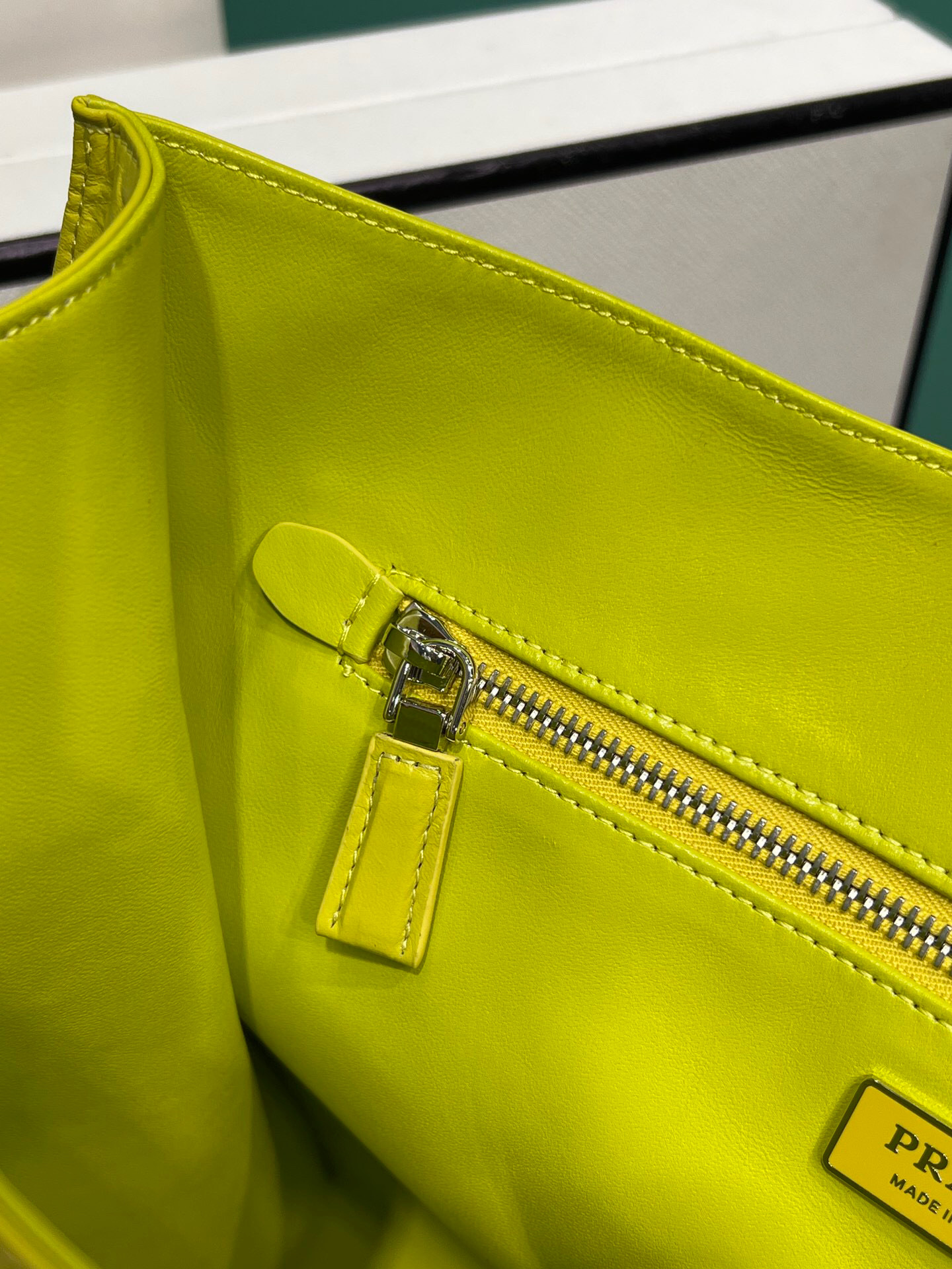 Prada Medium Antiqued Nappa Tote Bag In Yellow/Green For Women 15.3 in/ 39cm